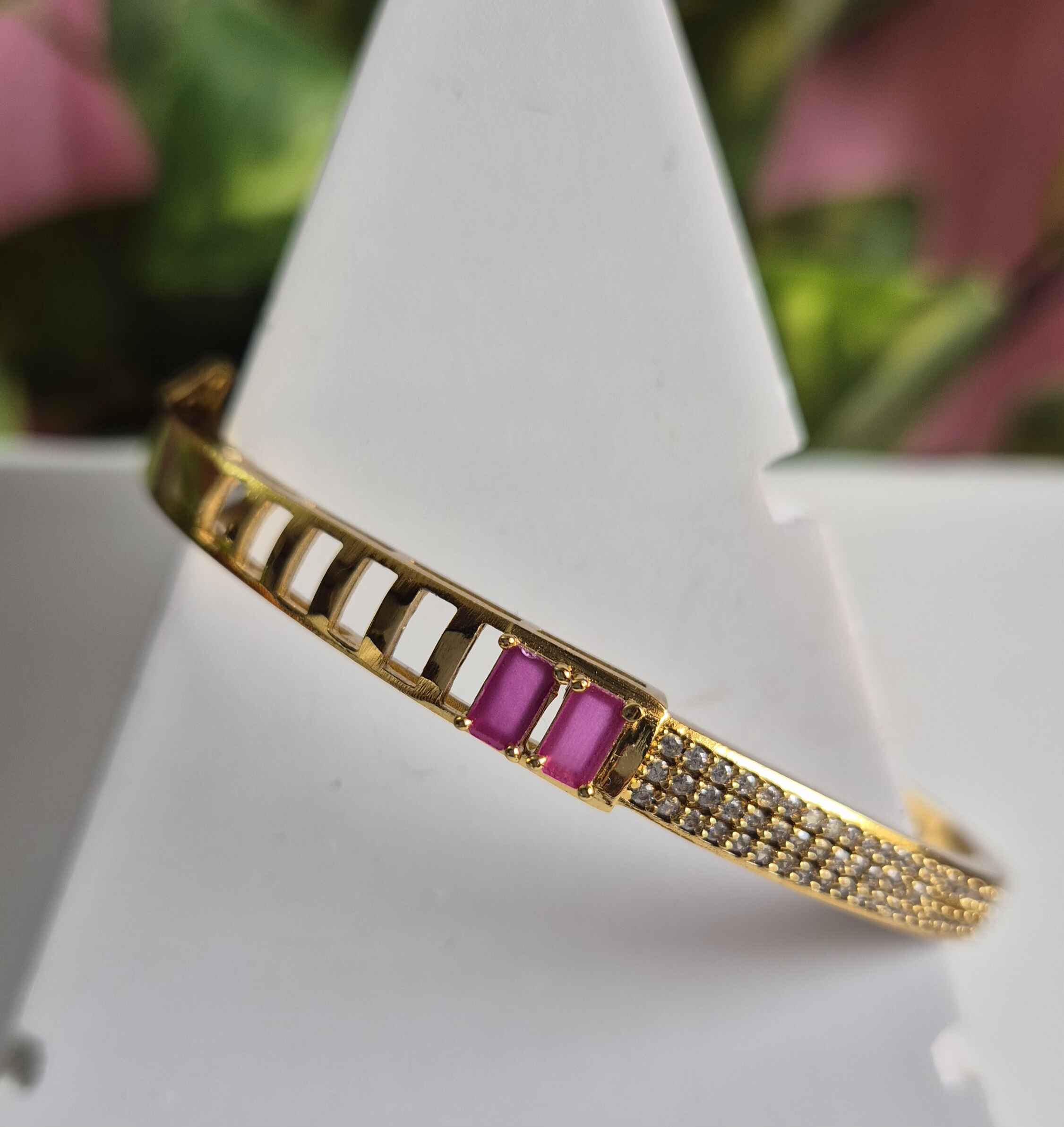 Gold Crystal Bracelet with Pink Gemstone Accent | Elegant Designer Kada for Women