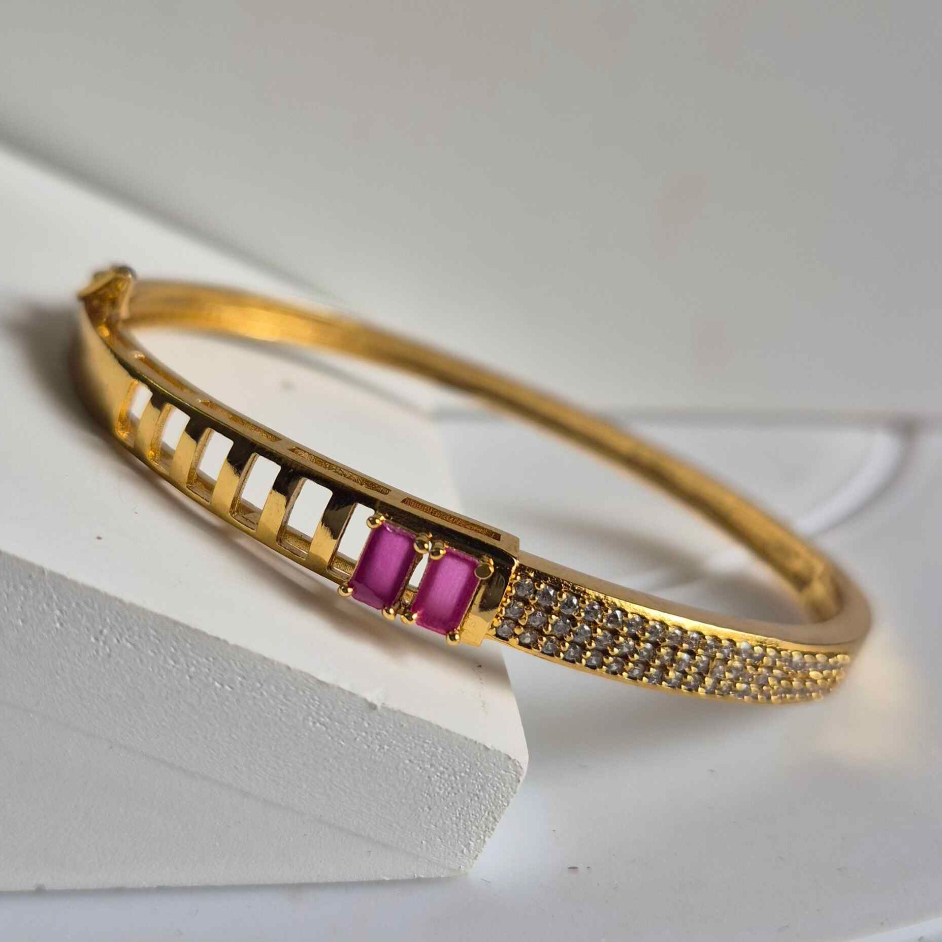 Gold Crystal Bracelet with Pink Gemstone Accent | Elegant Designer Kada for Women