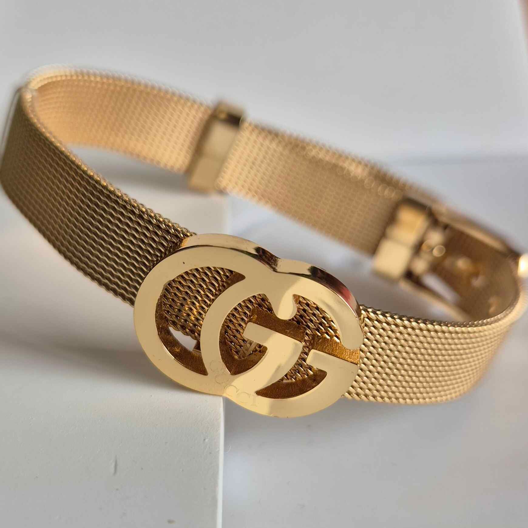 Gold Mesh Bracelet for Women,brand inspired collection | Luxury Double G Inspired Stainless Steel Designer Bangle