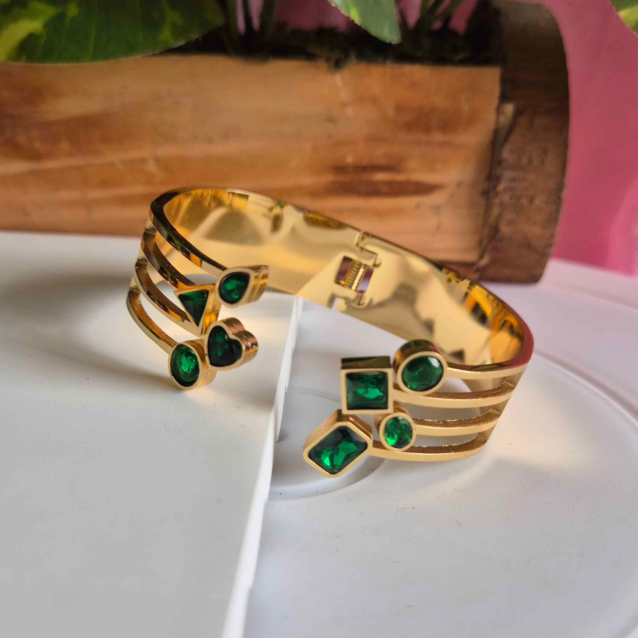 Emerald Green Crystal Geometric Open Cuff Bracelet for Women | Gold Plated Statement Bangle