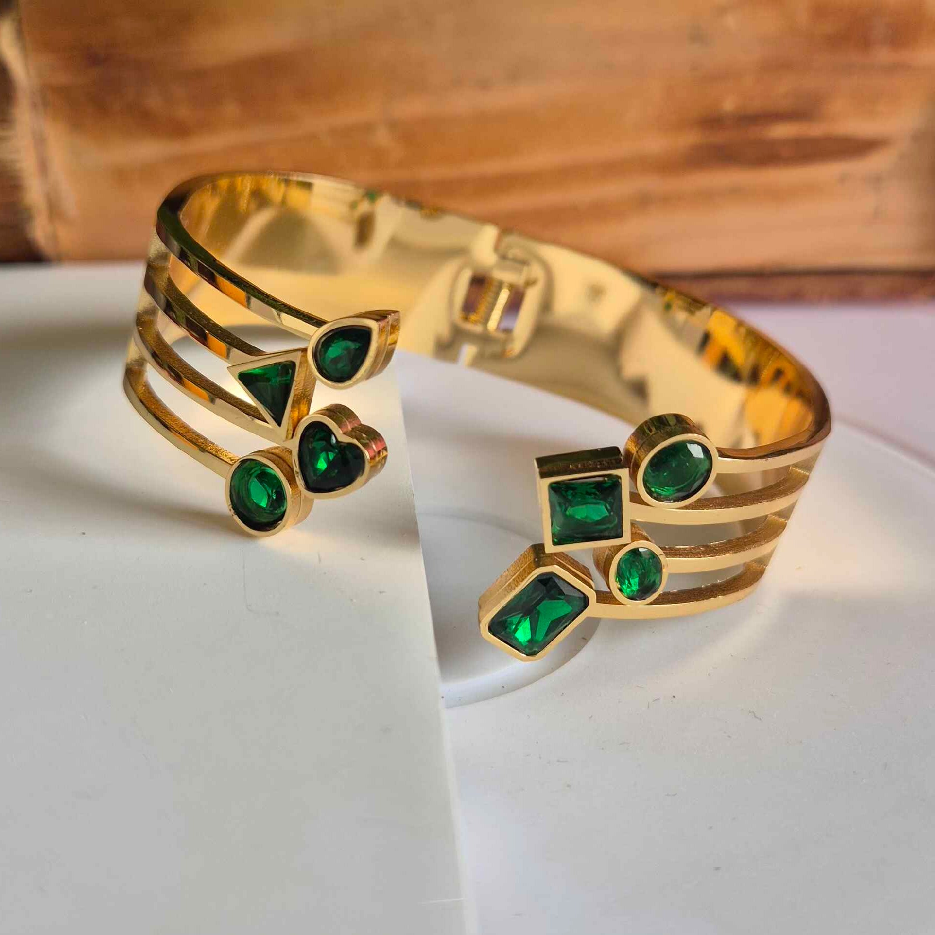 Emerald Green Crystal Geometric Open Cuff Bracelet for Women | Gold Plated Statement Bangle