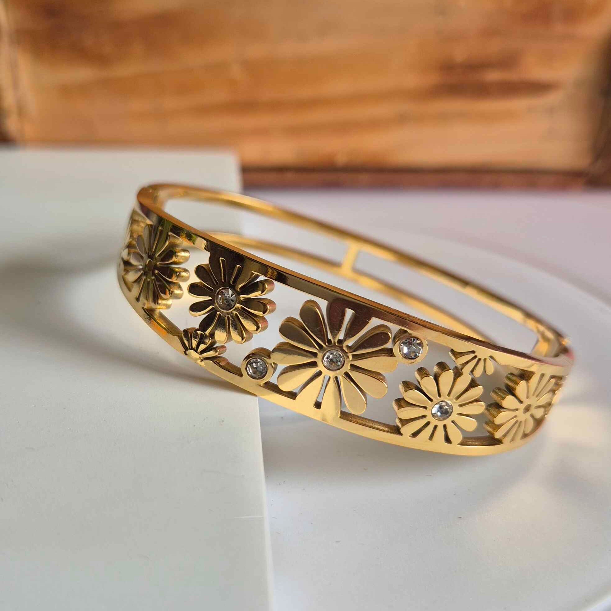Gold Floral Cutwork Bracelet for Women | Crystal Flower Design Open Cuff Bangle