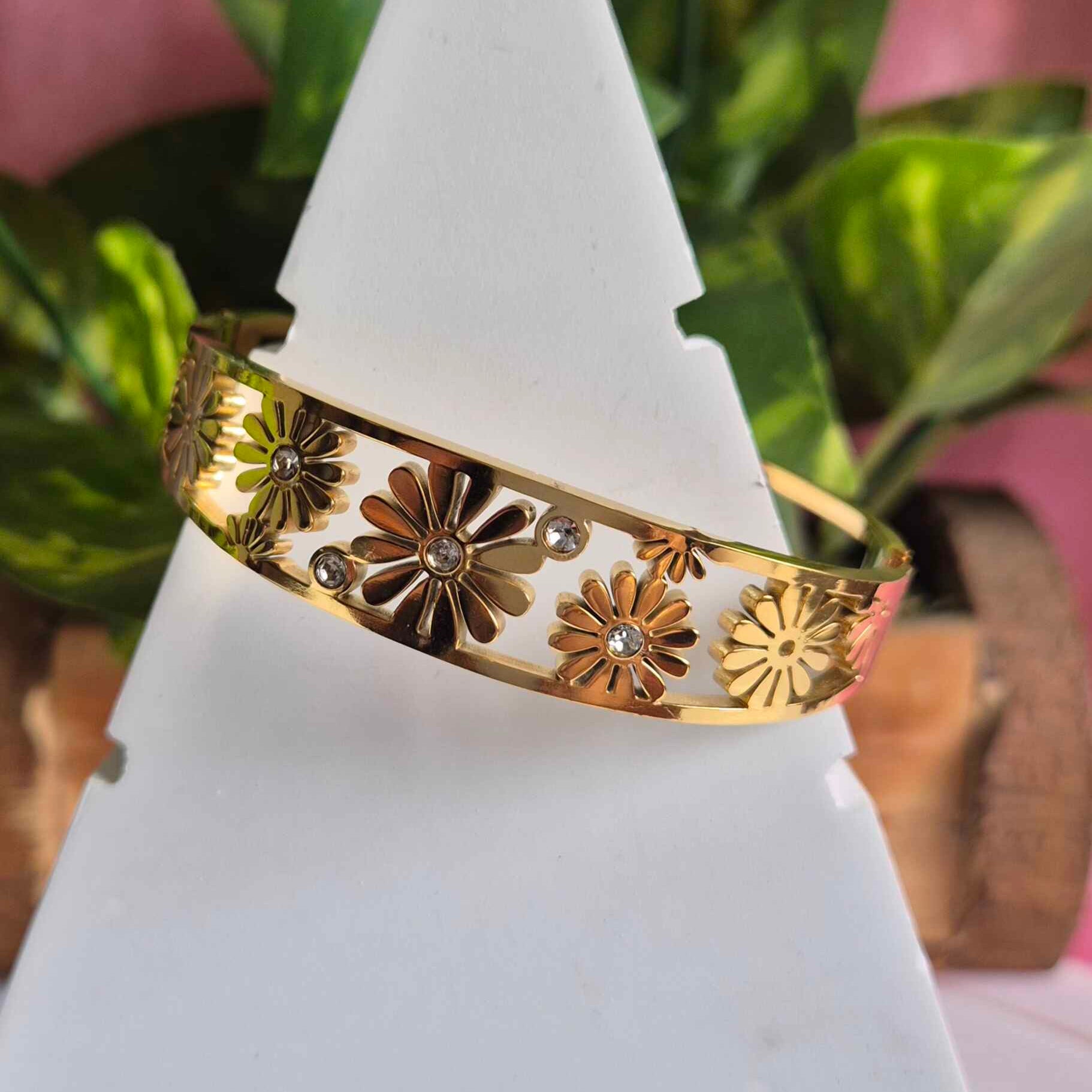 Gold Floral Cutwork Bracelet for Women | Crystal Flower Design Open Cuff Bangle