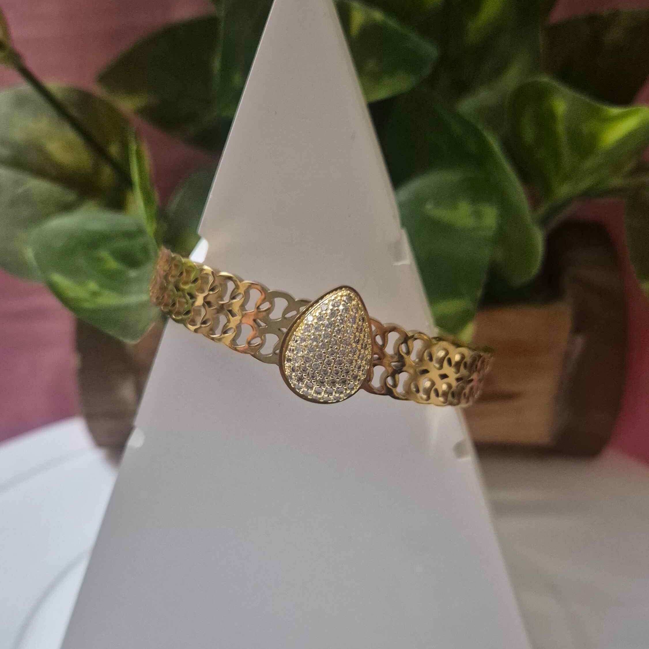 Elegant Gold-Tone Crystal Teardrop Kada Bracelet for Women | Designer Openwork Cuff Bangle