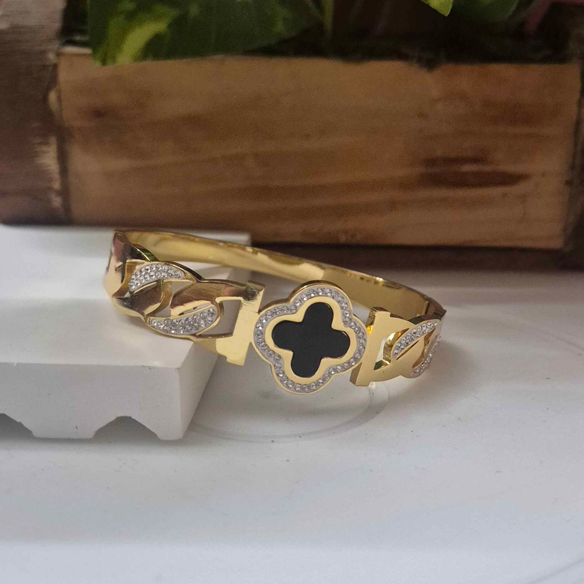 Luxury Gold-Tone Clover Charm Kada Bracelet with Crystal Accents for Women