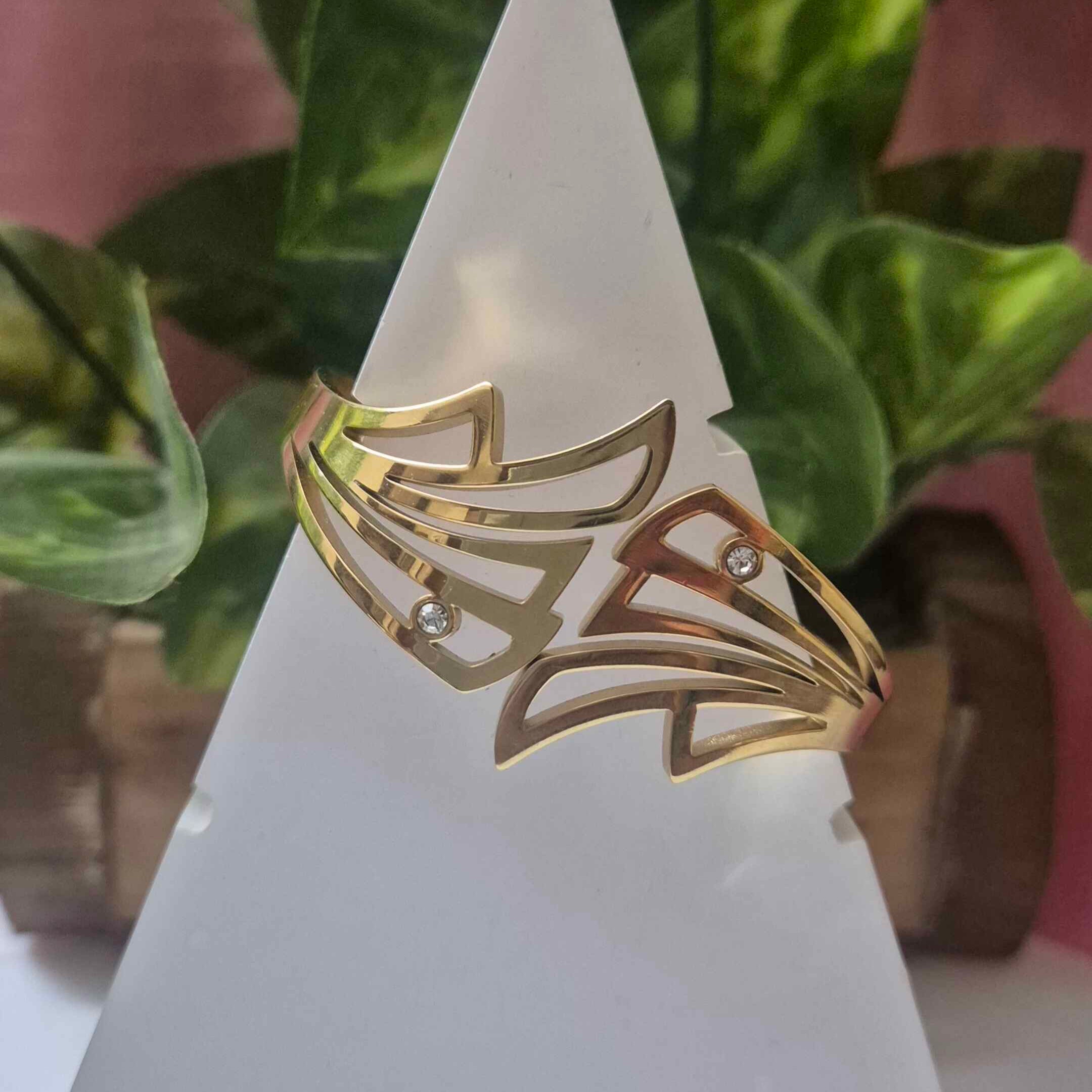 Modern Gold-Tone Abstract Openwork Korean/Kada Bracelet for Women | Crystal Accent Designer Cuff Bangle