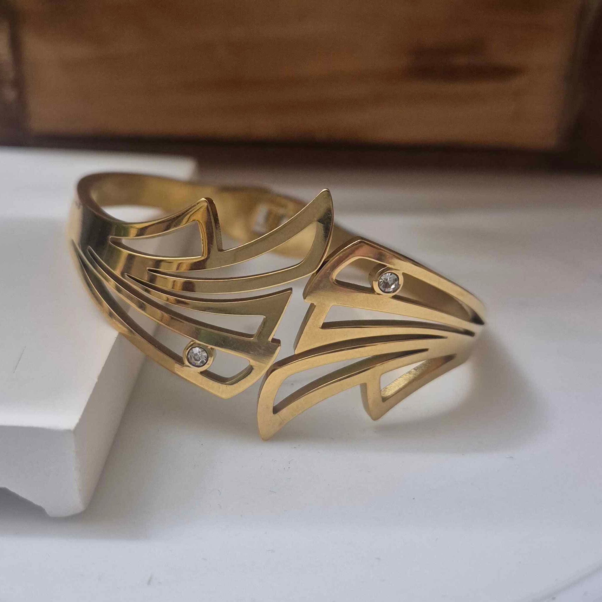 Modern Gold-Tone Abstract Openwork Korean/Kada Bracelet for Women | Crystal Accent Designer Cuff Bangle