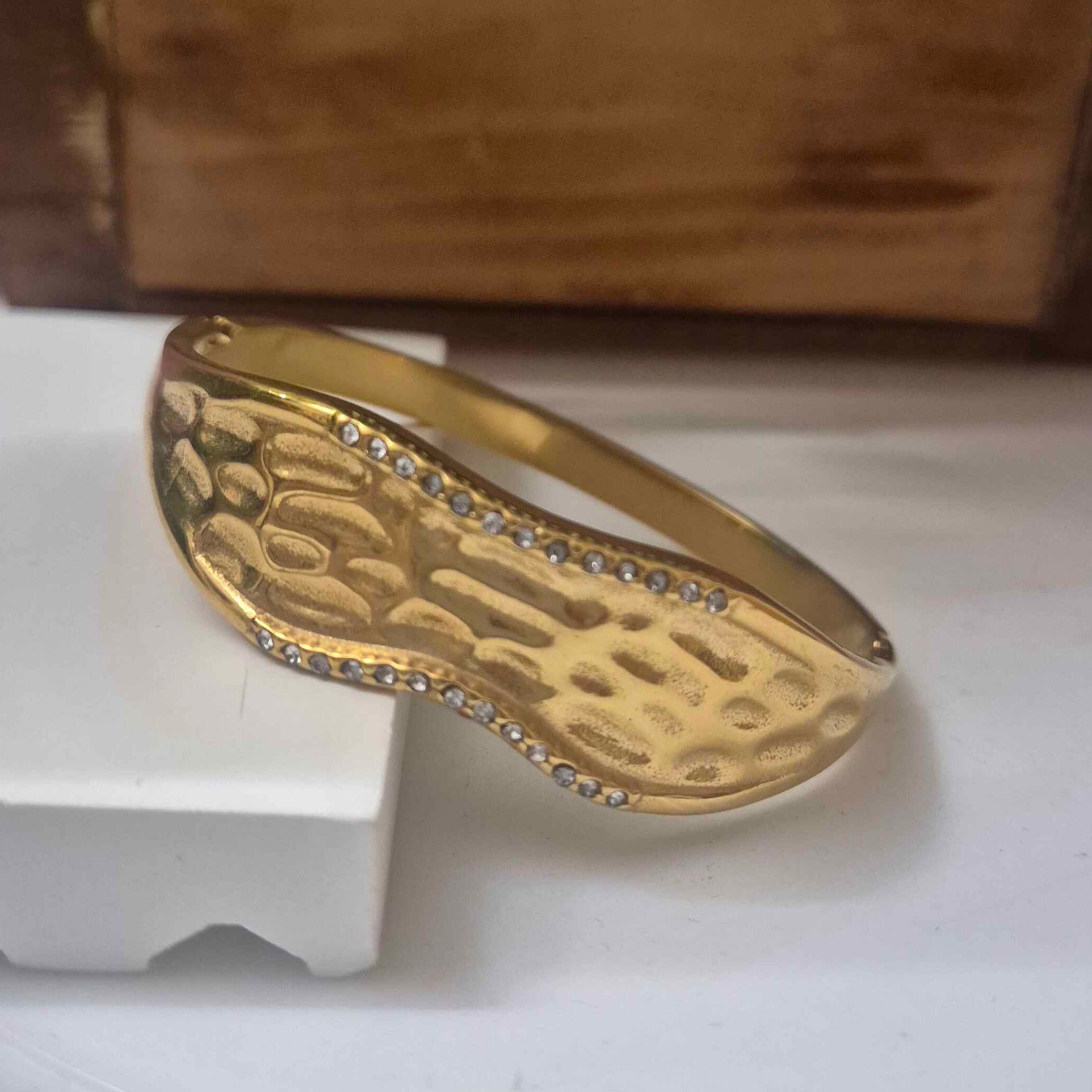 Hammered Gold-Tone Statement Kada Bracelet for Women | Textured Crystal Accent Designer Cuff Bangle