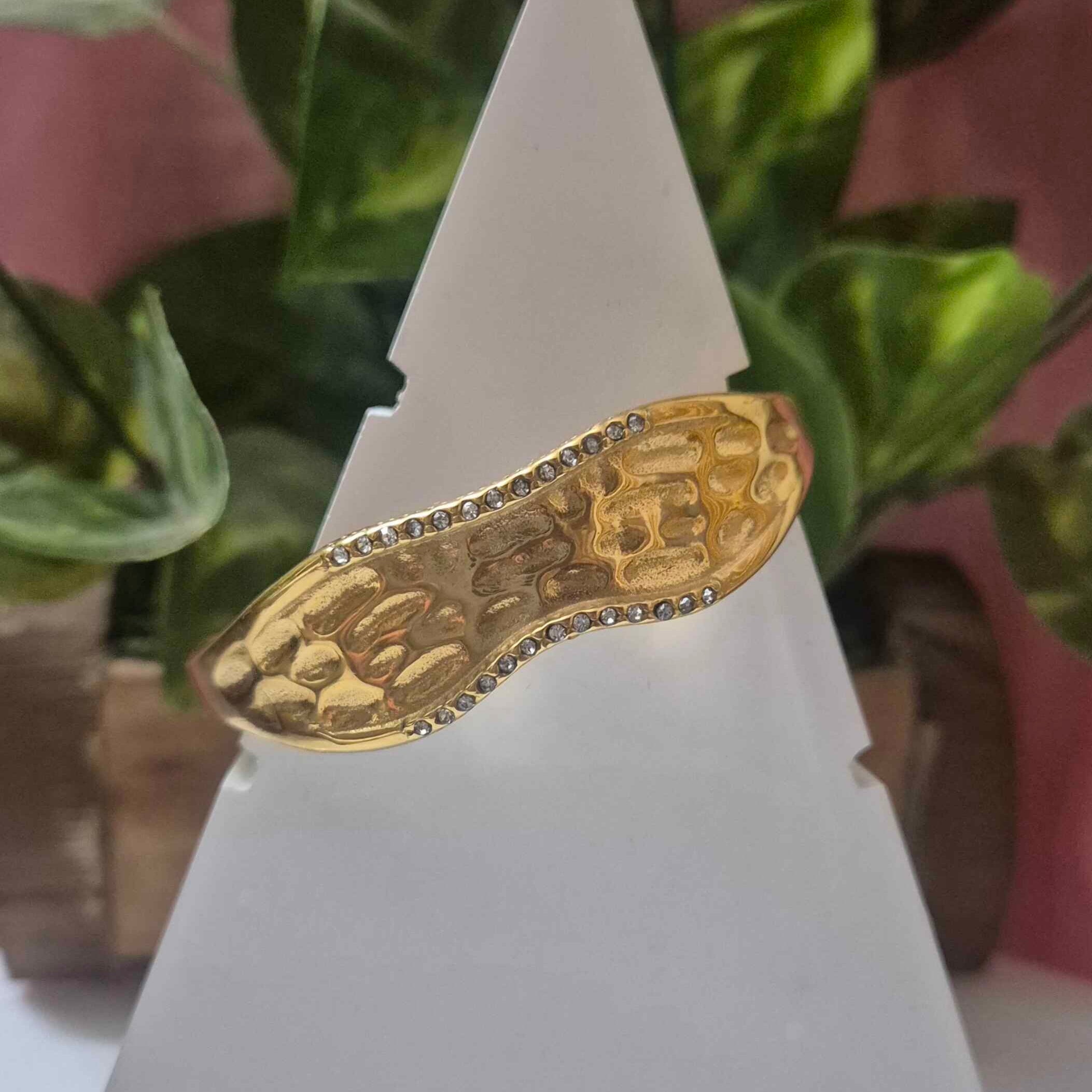 Hammered Gold-Tone Statement Kada Bracelet for Women | Textured Crystal Accent Designer Cuff Bangle