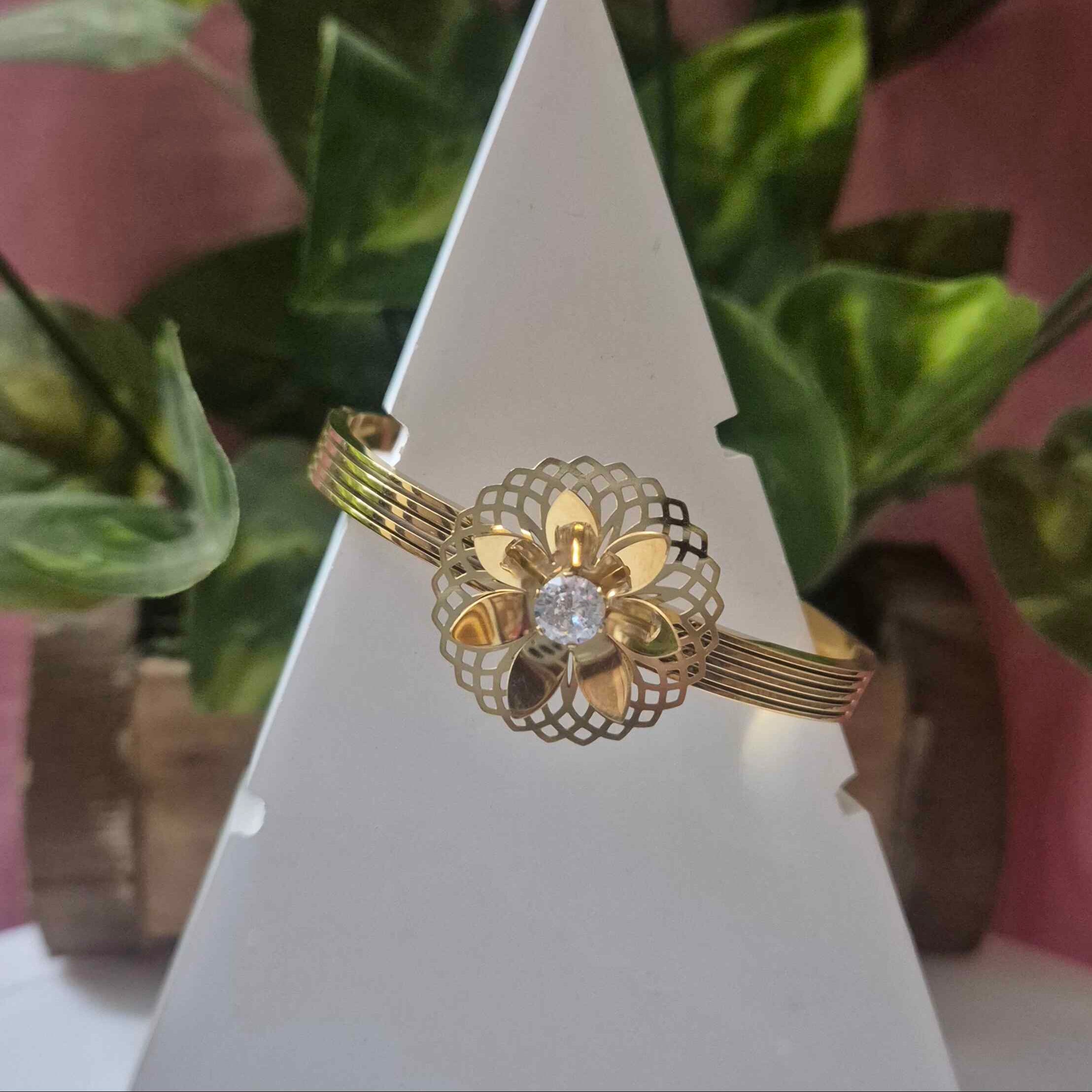 Elegant Floral Gold-Tone Kada Bracelet for Women | Crystal Center Flower Designer Cuff Bangle