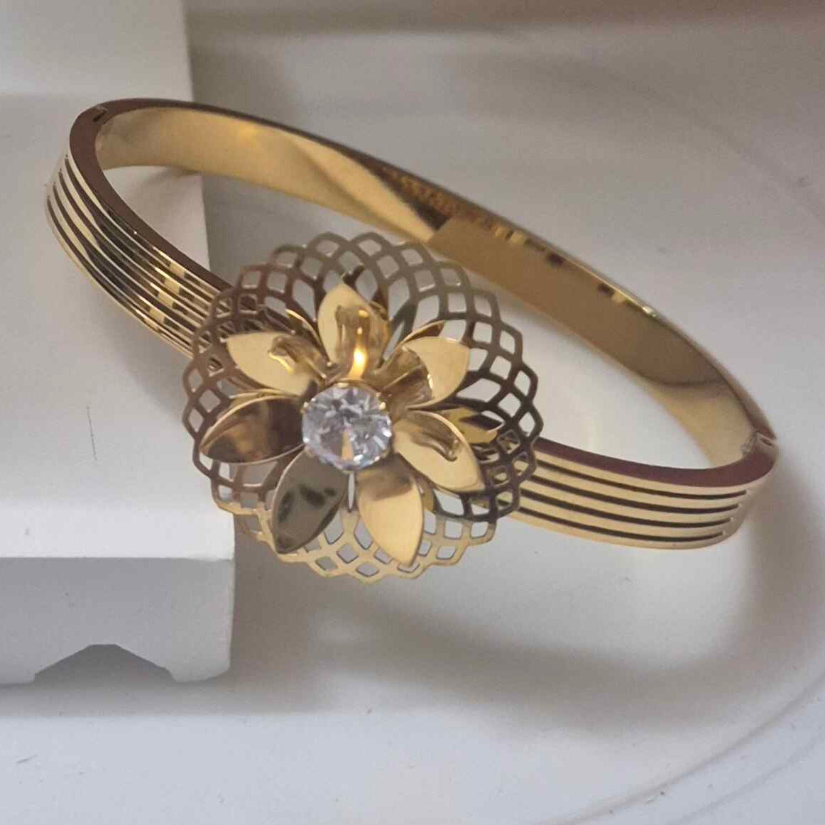 Elegant Floral Gold-Tone Kada Bracelet for Women | Crystal Center Flower Designer Cuff Bangle