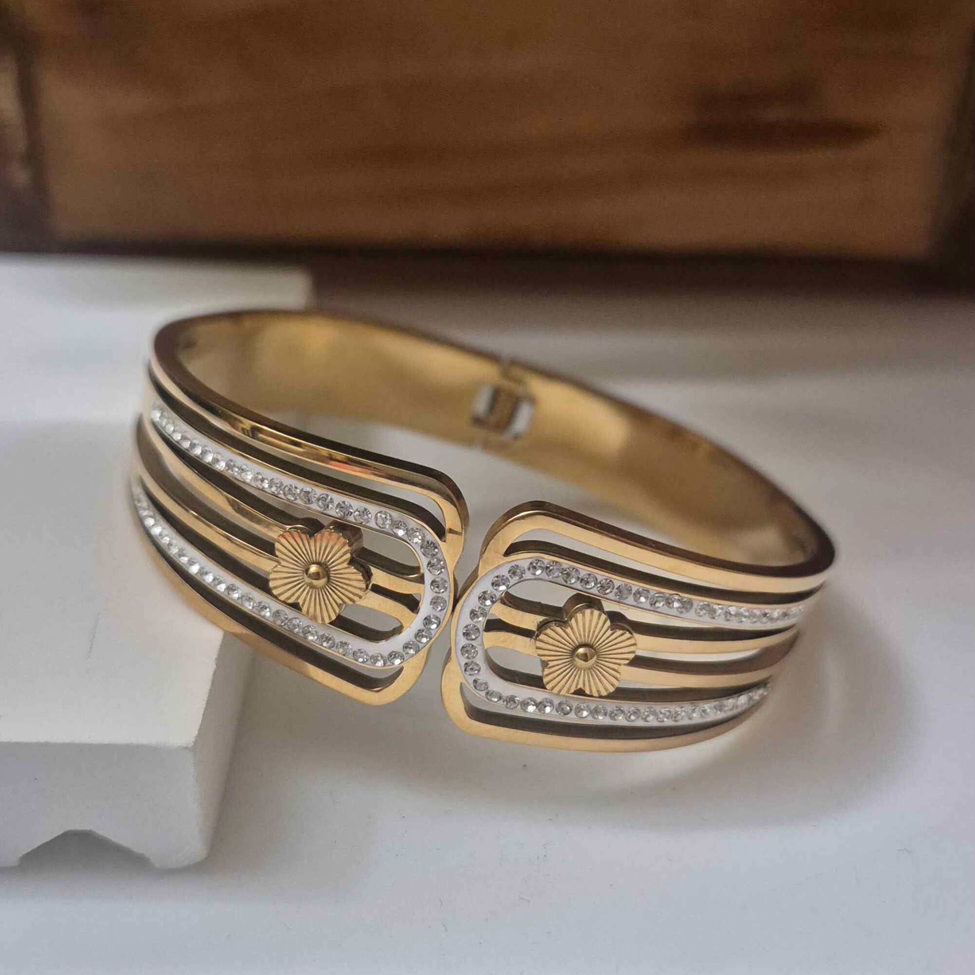 Elegant Floral Crystal Open Cuff Kada Bracelet for Women | Gold-Tone Designer Statement Bangle
