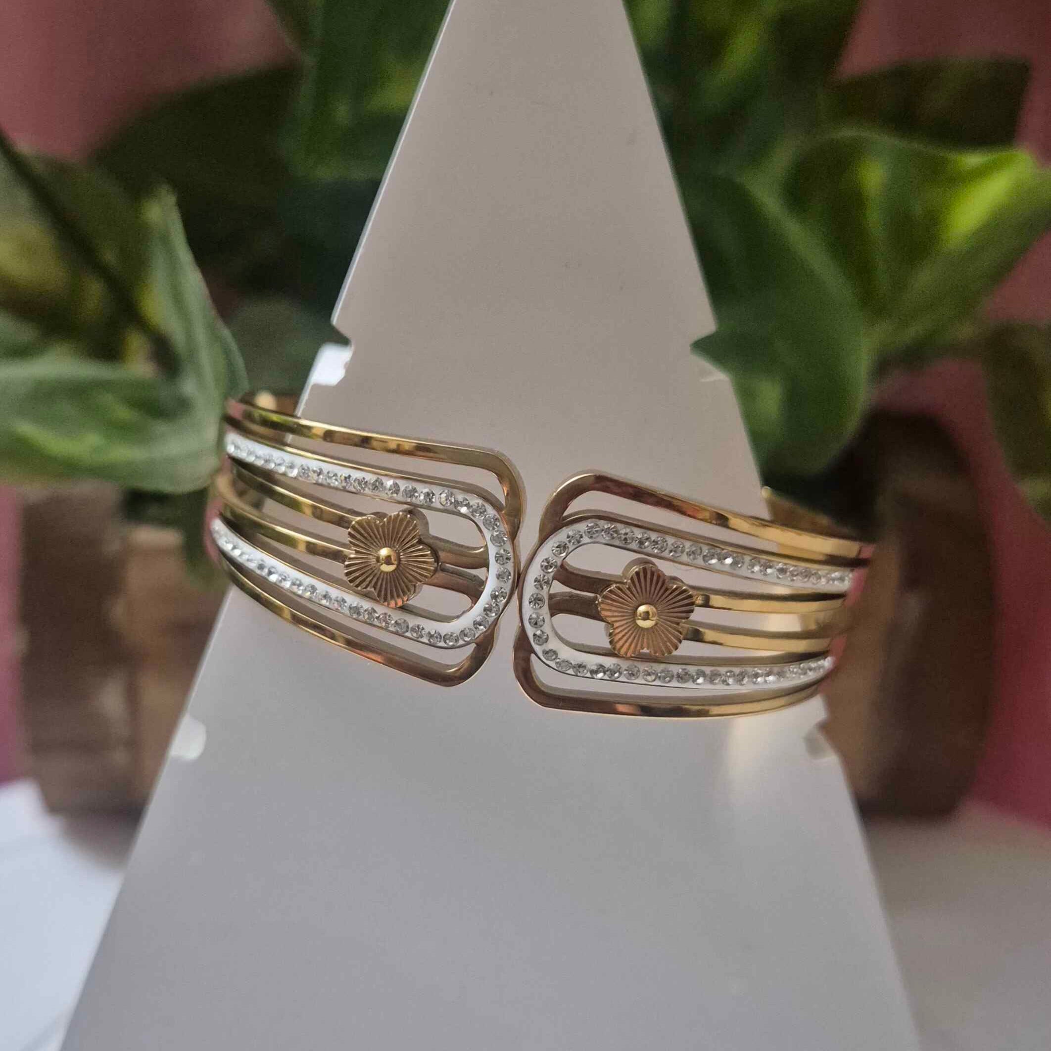 Elegant Floral Crystal Open Cuff Kada Bracelet for Women | Gold-Tone Designer Statement Bangle