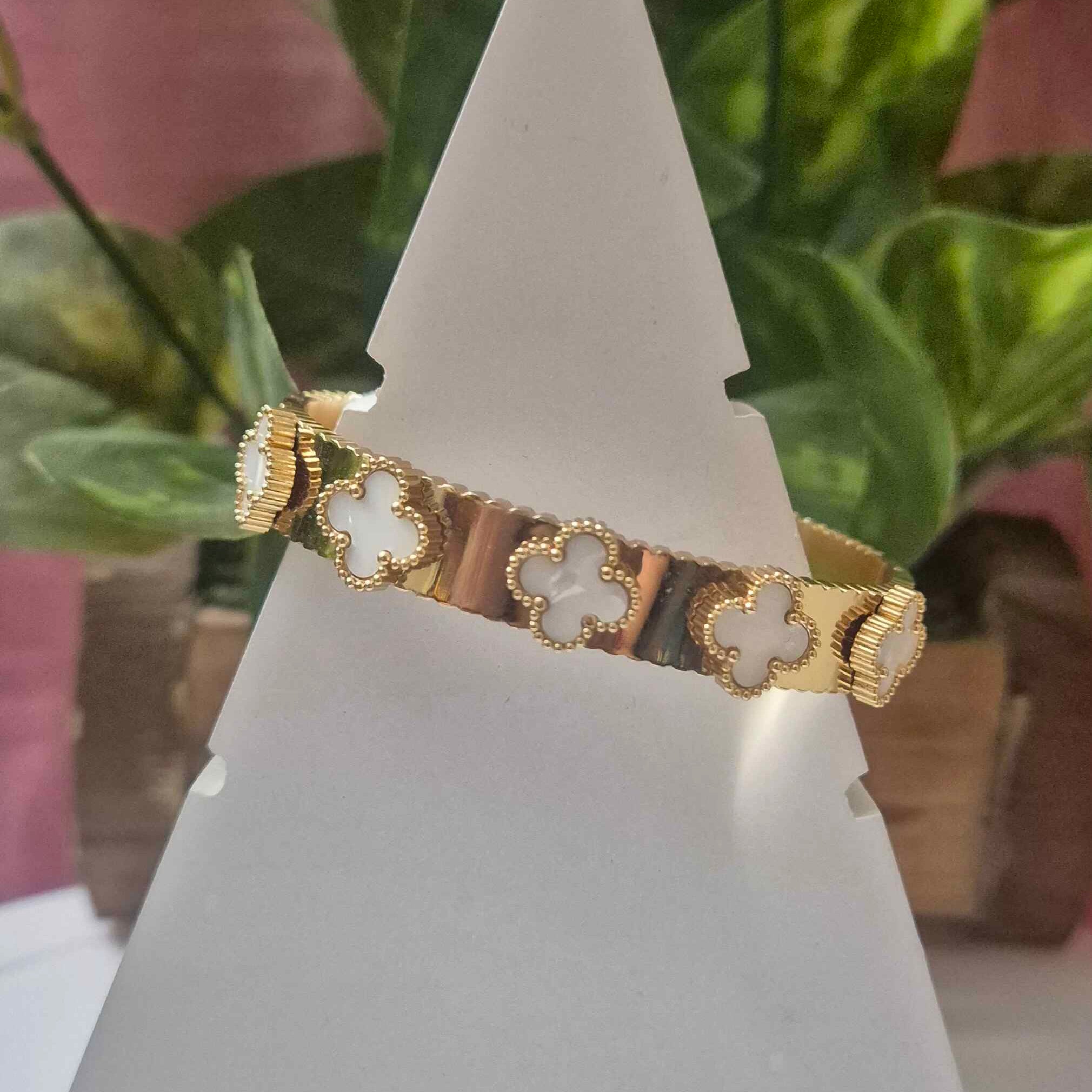 Luxury Clover Motif Gold-Tone Kada Bracelet for Women | Elegant Mother of Pearl Designer Cuff Bangle