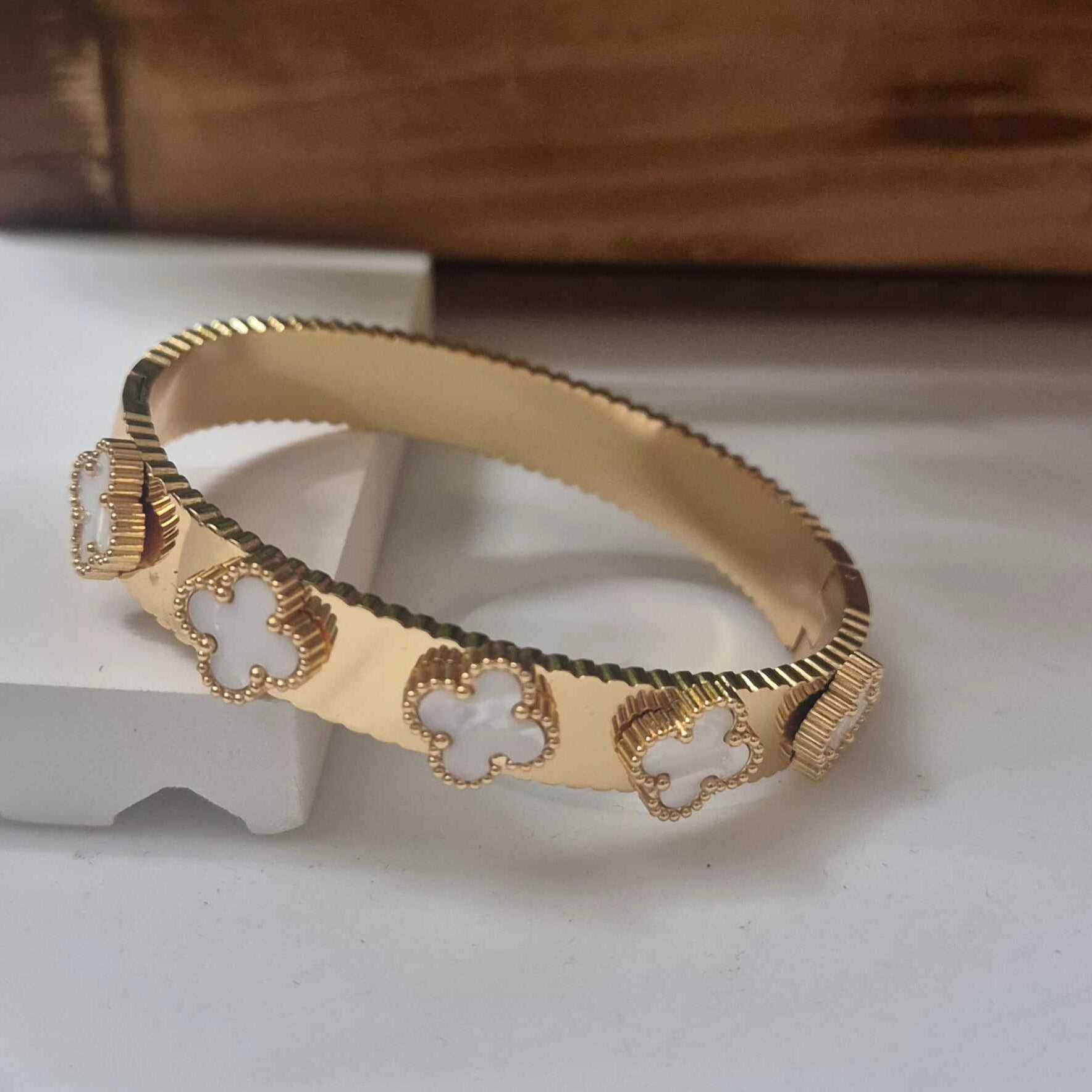 Luxury Clover Motif Gold-Tone Kada Bracelet for Women | Elegant Mother of Pearl Designer Cuff Bangle