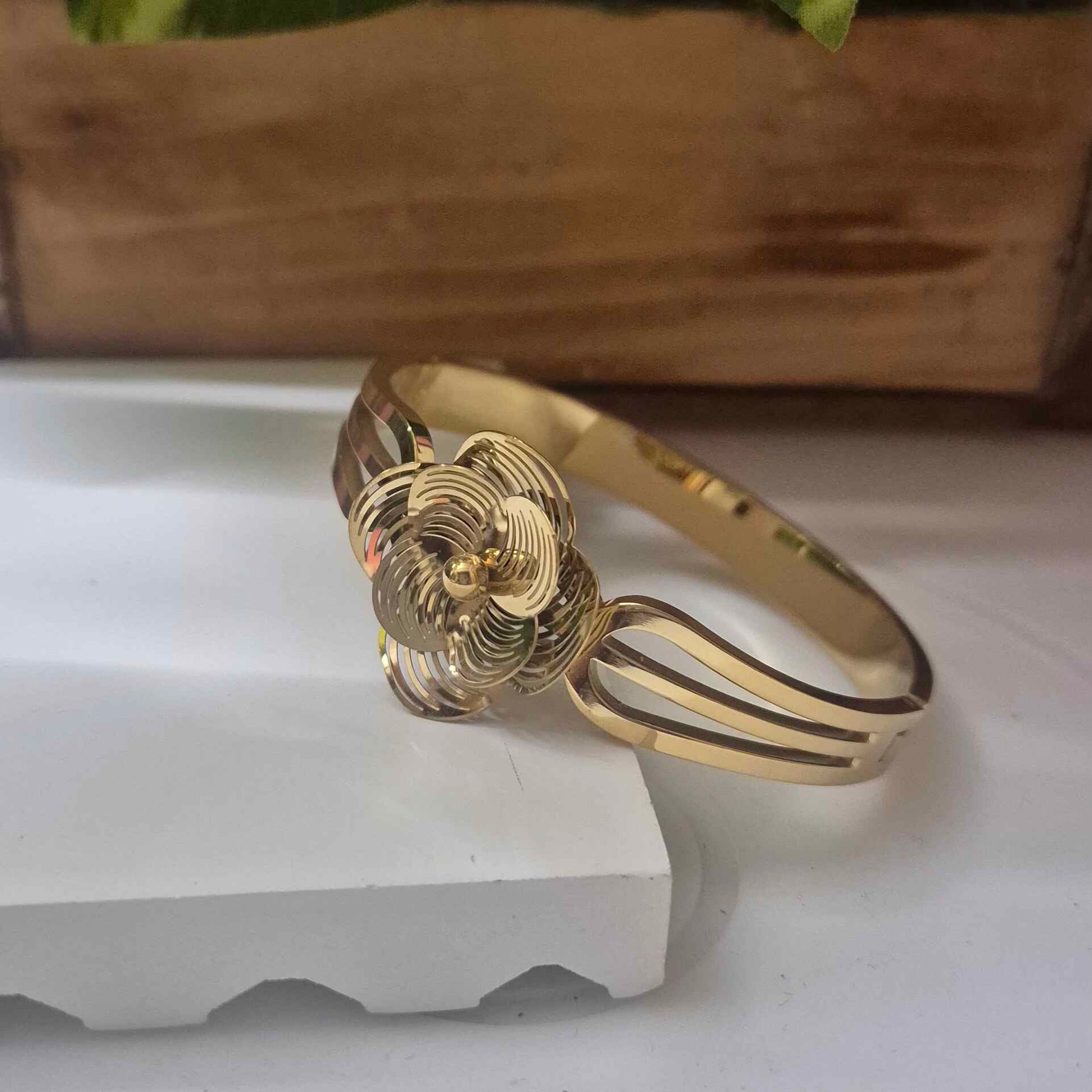 Elegant Floral Gold-Tone Kada Bracelet for Women | 3D Rose Flower Designer Cuff Bangle