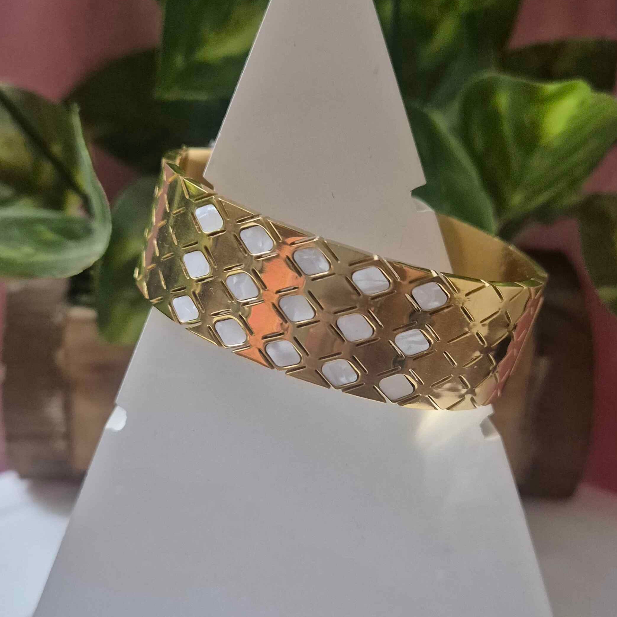 Geometric Gold-Tone Wide Kada Bracelet for Women | Elegant Lattice Pattern Statement Cuff Bangle