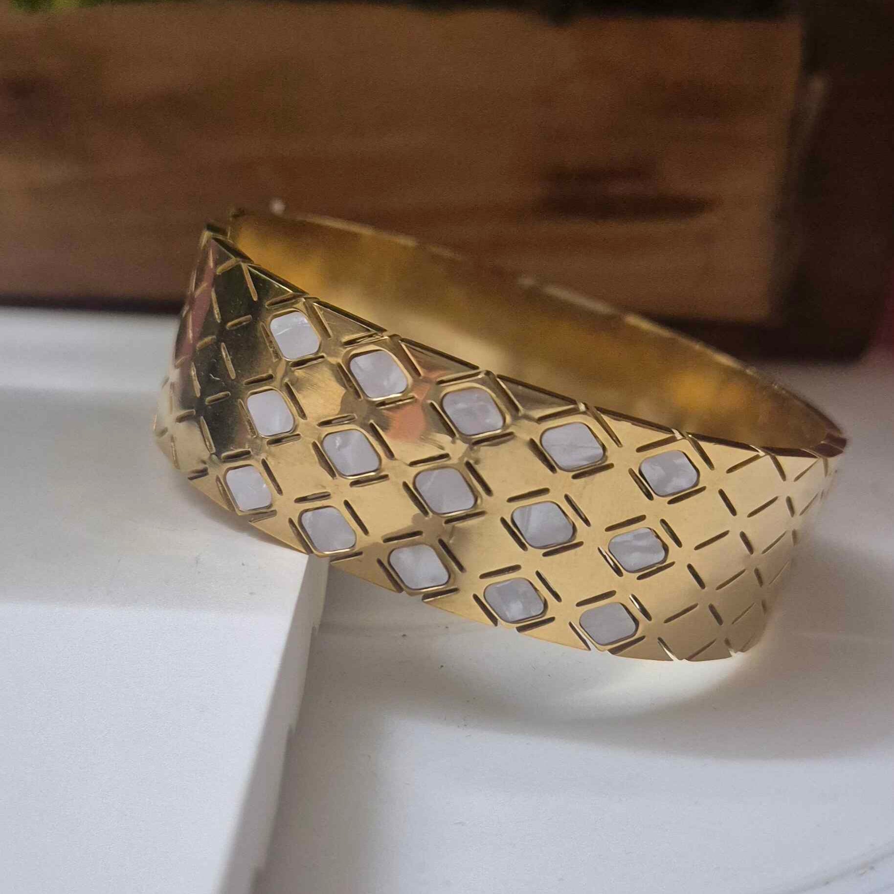 Geometric Gold-Tone Wide Kada Bracelet for Women | Elegant Lattice Pattern Statement Cuff Bangle