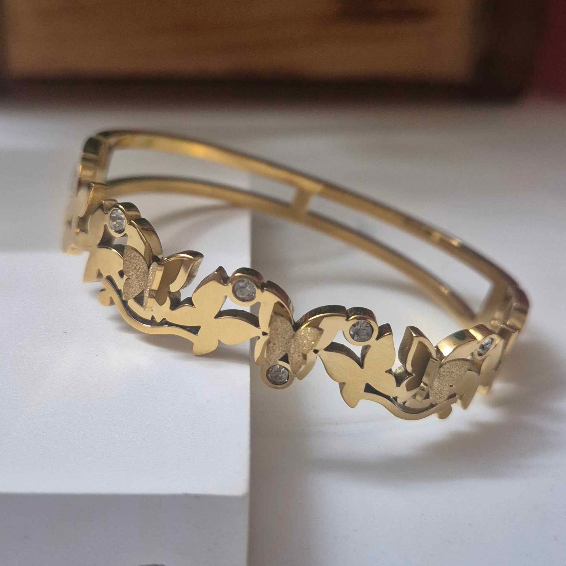 Butterfly Floral Gold-Tone Kada Bracelet for Women | Crystal Accent Designer Openwork Cuff Bangle
