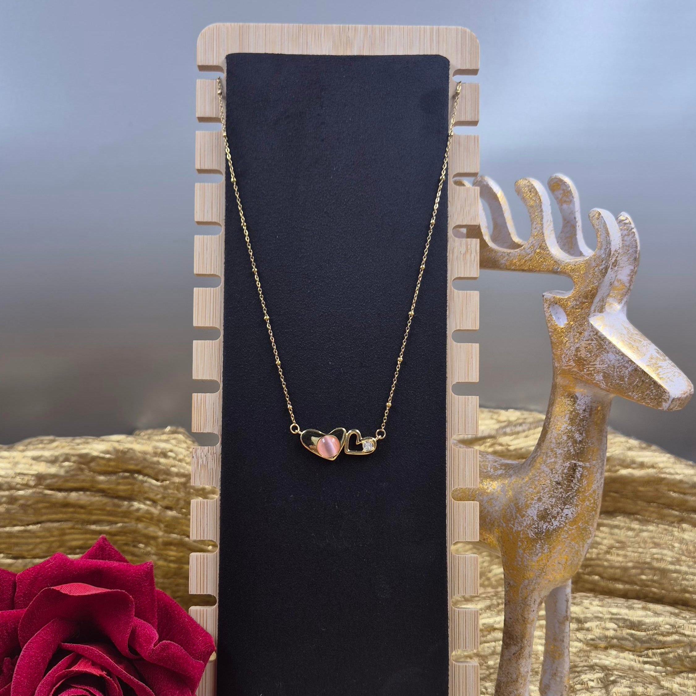 Minimalist Double Heart pendant chainfor Women | Gold-Plated Pink Heart Charmpendant chain