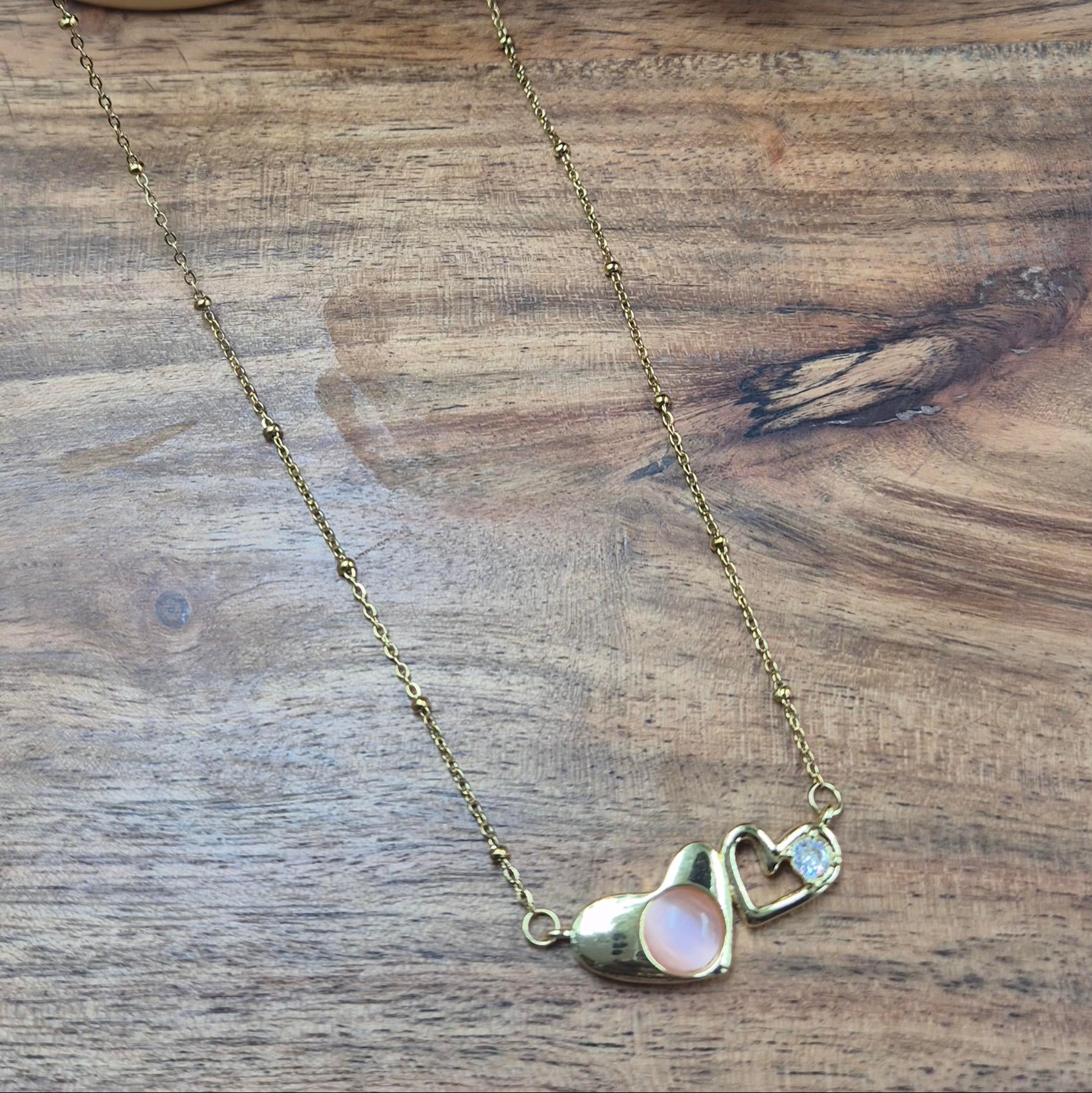Minimalist Double Heart pendant chainfor Women | Gold-Plated Pink Heart Charmpendant chain