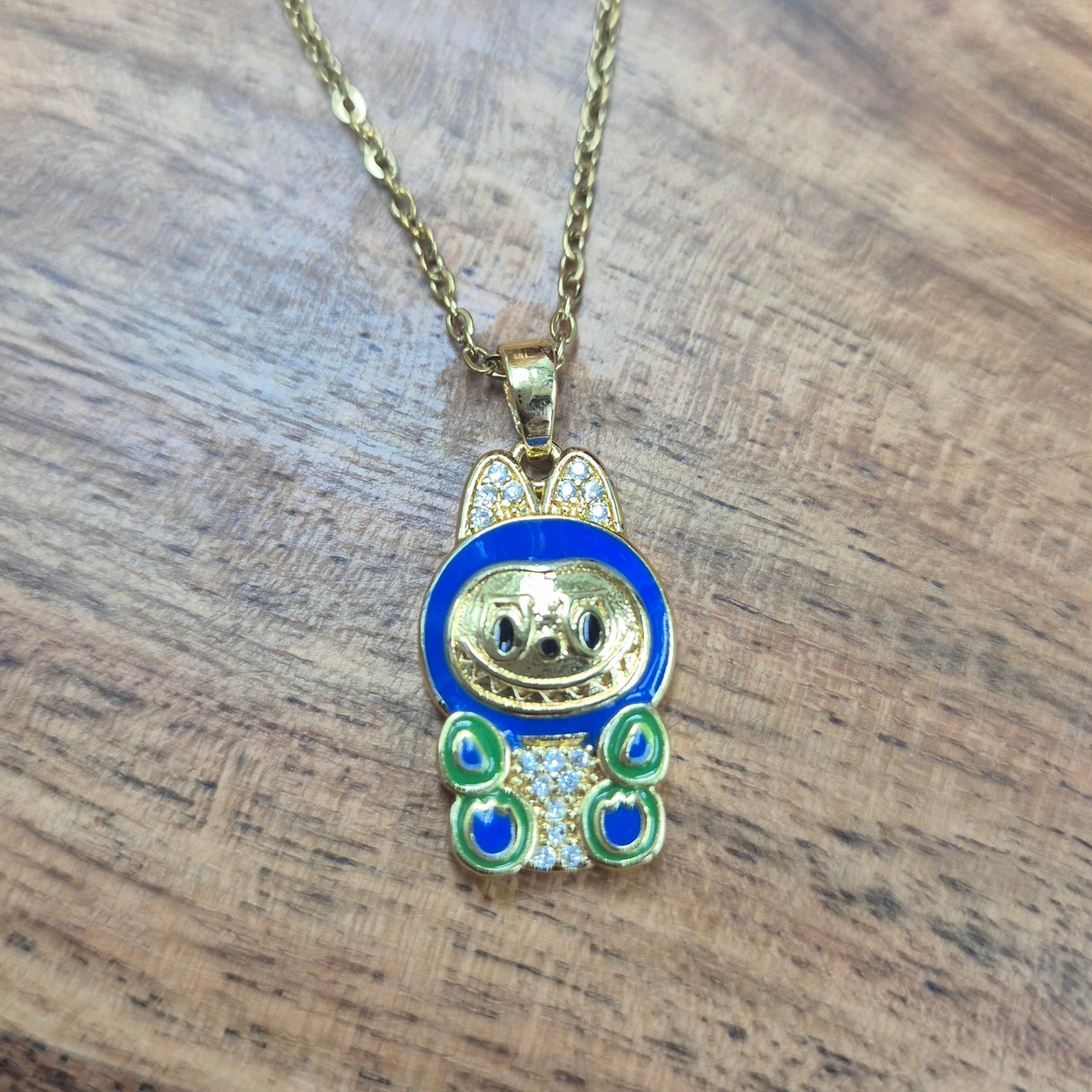 Cute Cartoon Character Pendantchain for Women | Blue Enamel Gold-Plated Charm pendant chain