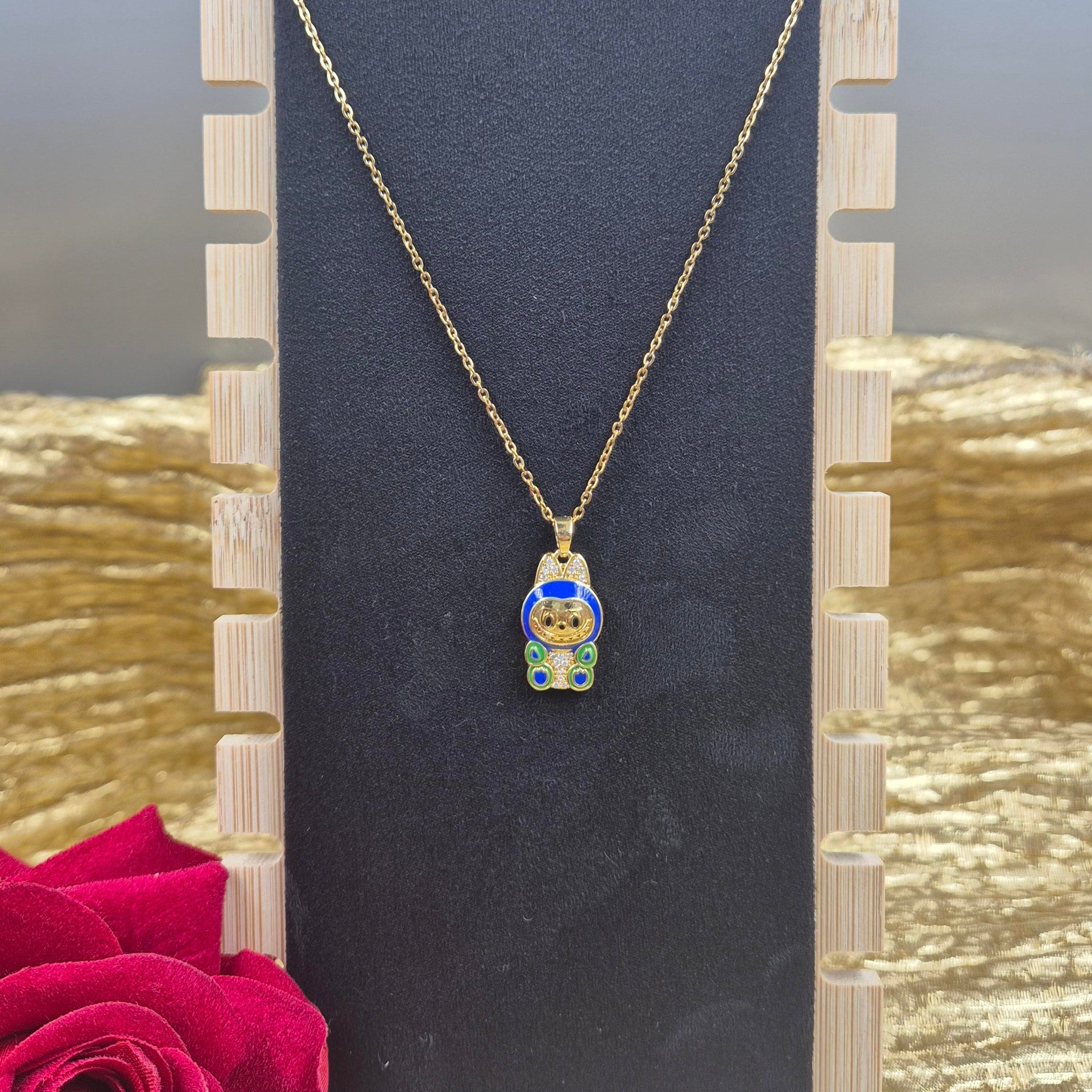Cute Cartoon Character Pendantchain for Women | Blue Enamel Gold-Plated Charm pendant chain