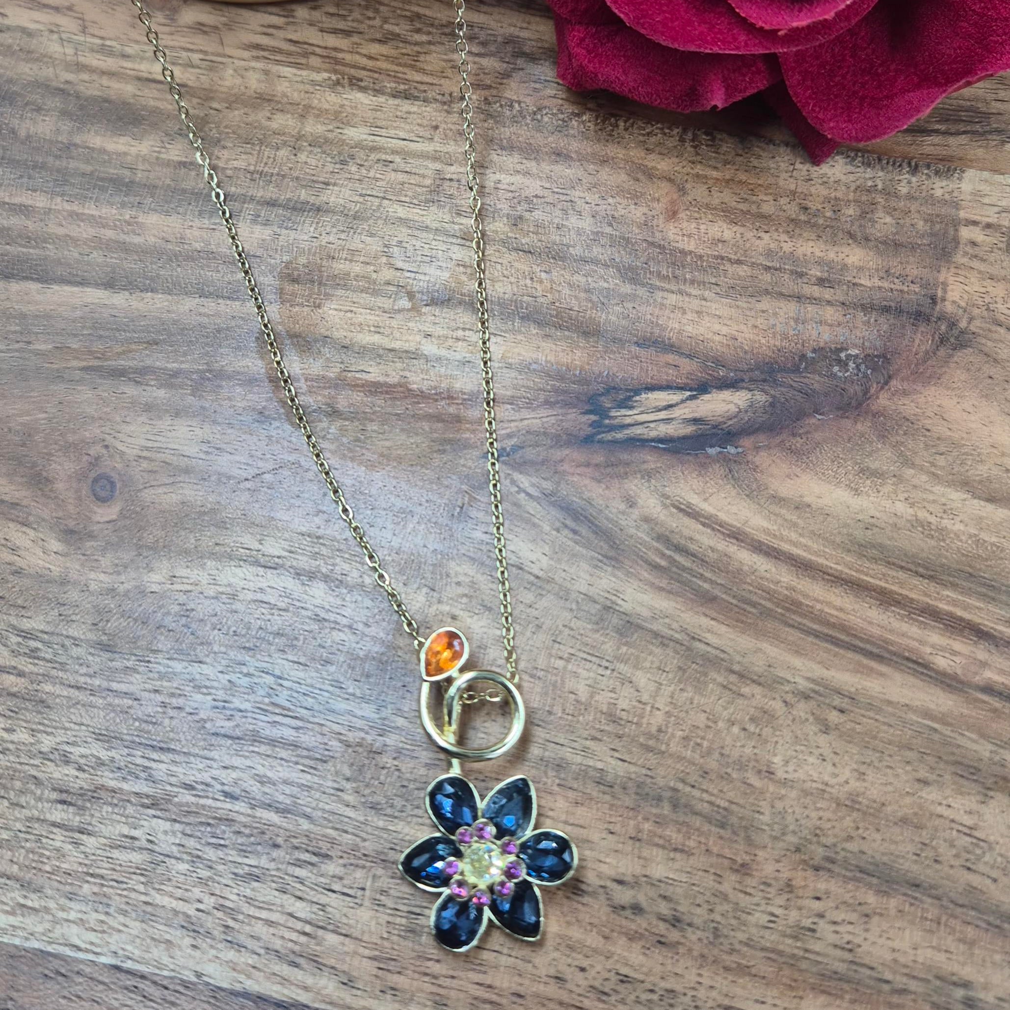 Black Floral Crystal Pendant Necklace for Women | Elegant Gold-Plated Flower Charm pendant chain