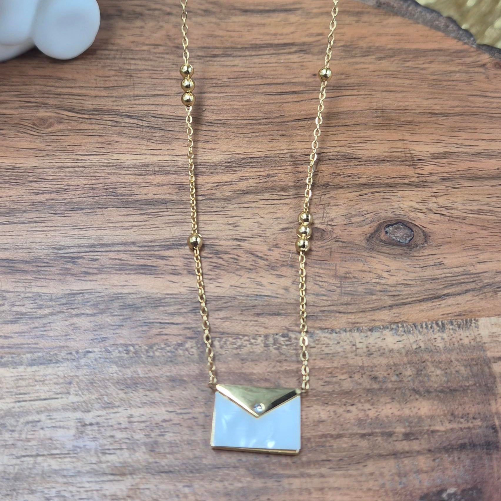 Minimalist Envelope Pendant chain for Women | Gold-Plated Pearl White envelope Charm