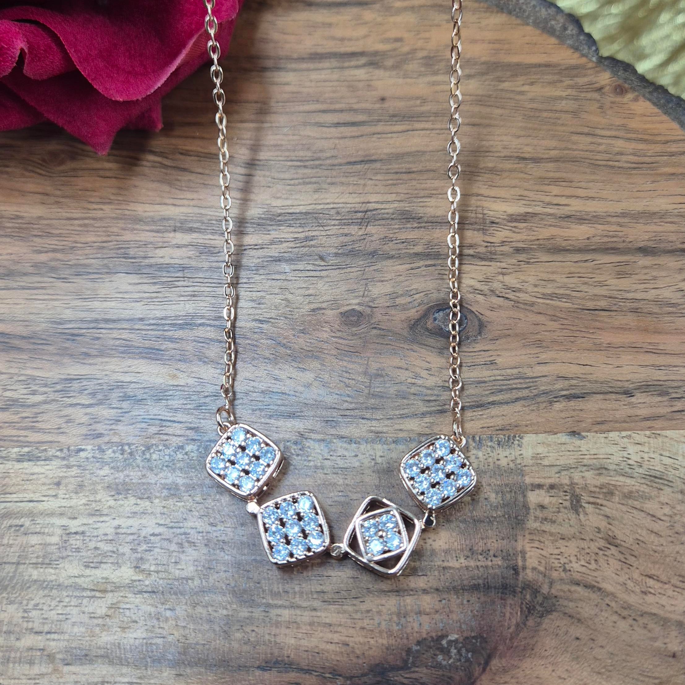 Rose Gold Geometric Crystal chain for Women | Elegant Minimalist Square Charm pendant chain