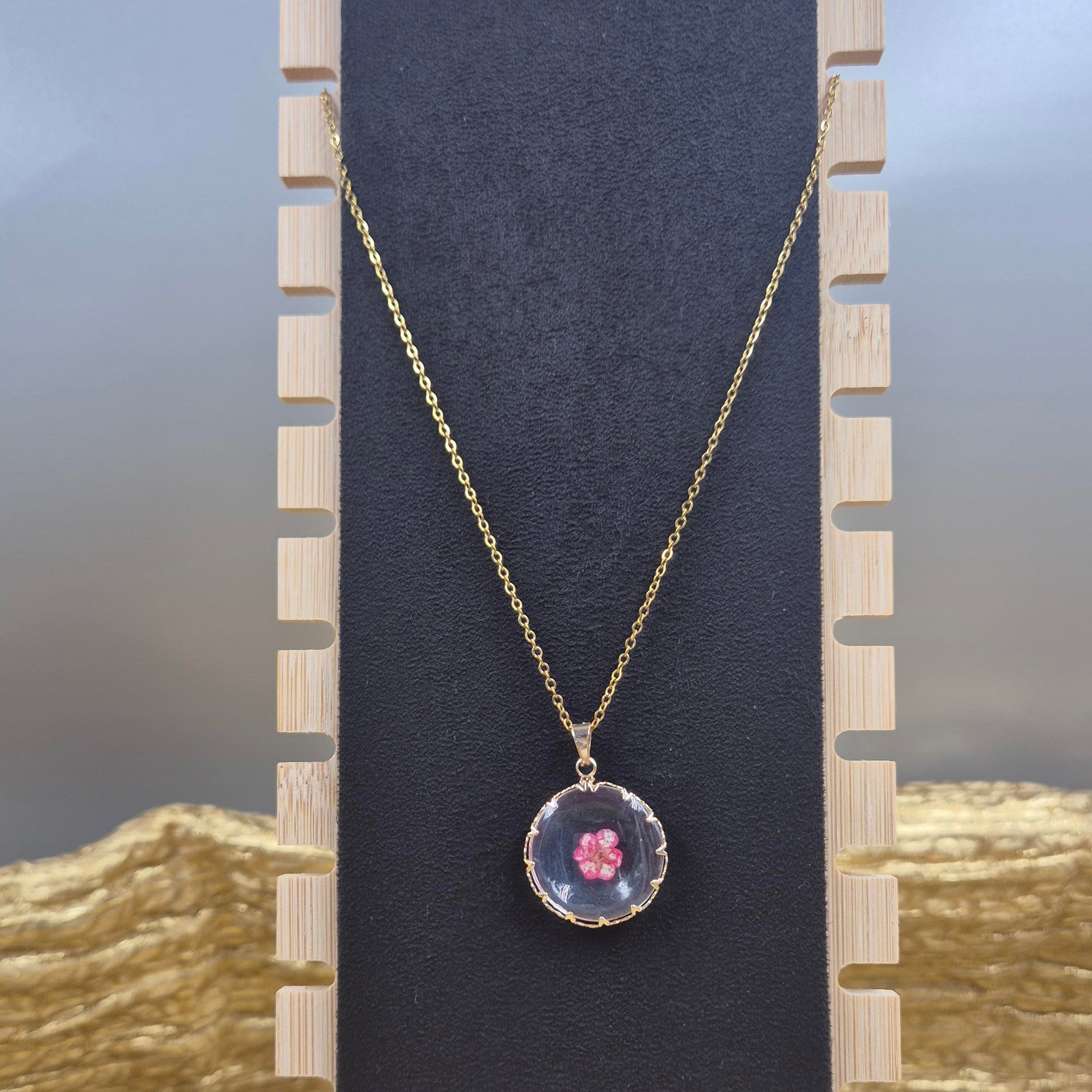 Pressed Pink Flower Resin Pendant chain for Women | Transparent Floral Gold Chain