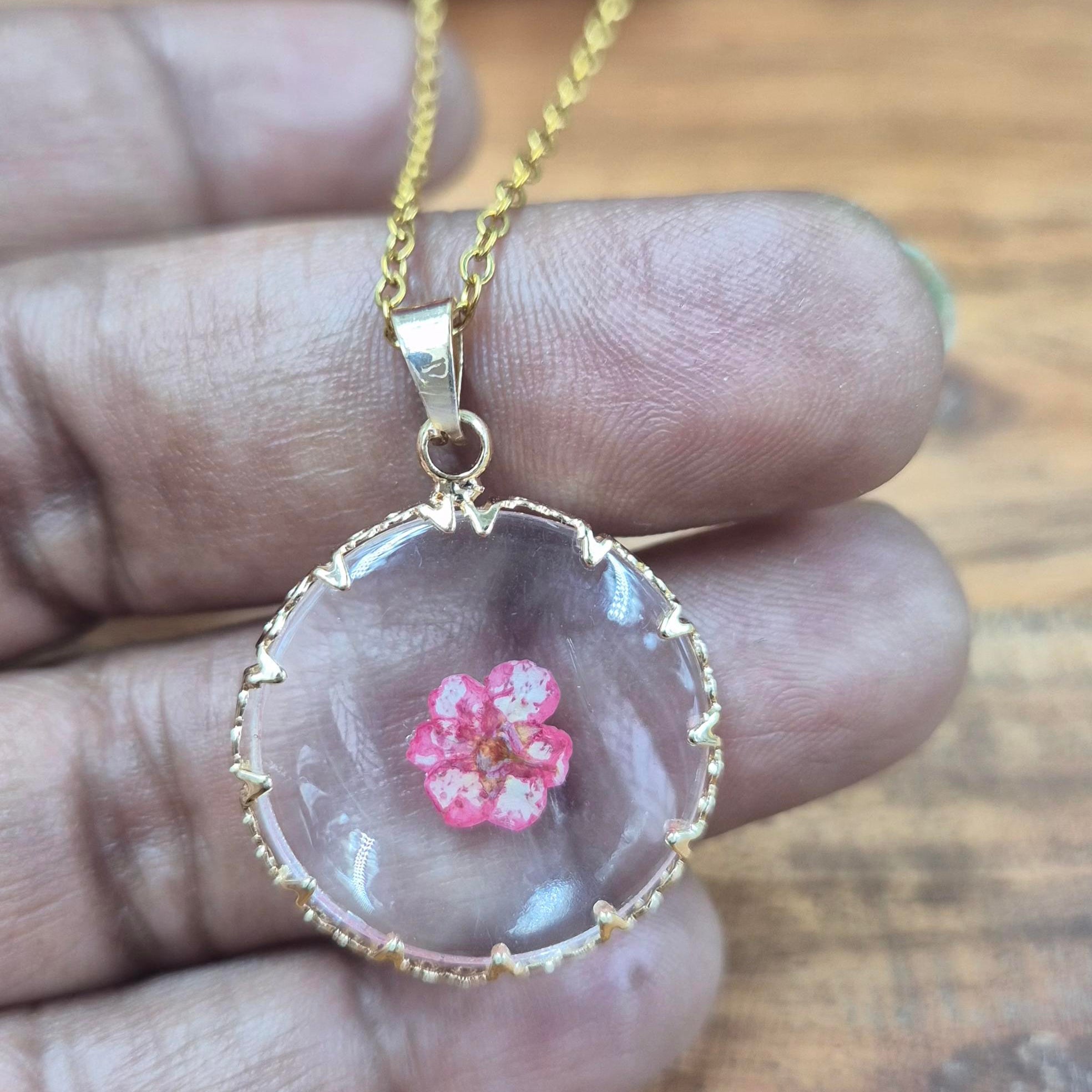 Pressed Pink Flower Resin Pendant chain for Women | Transparent Floral Gold Chain