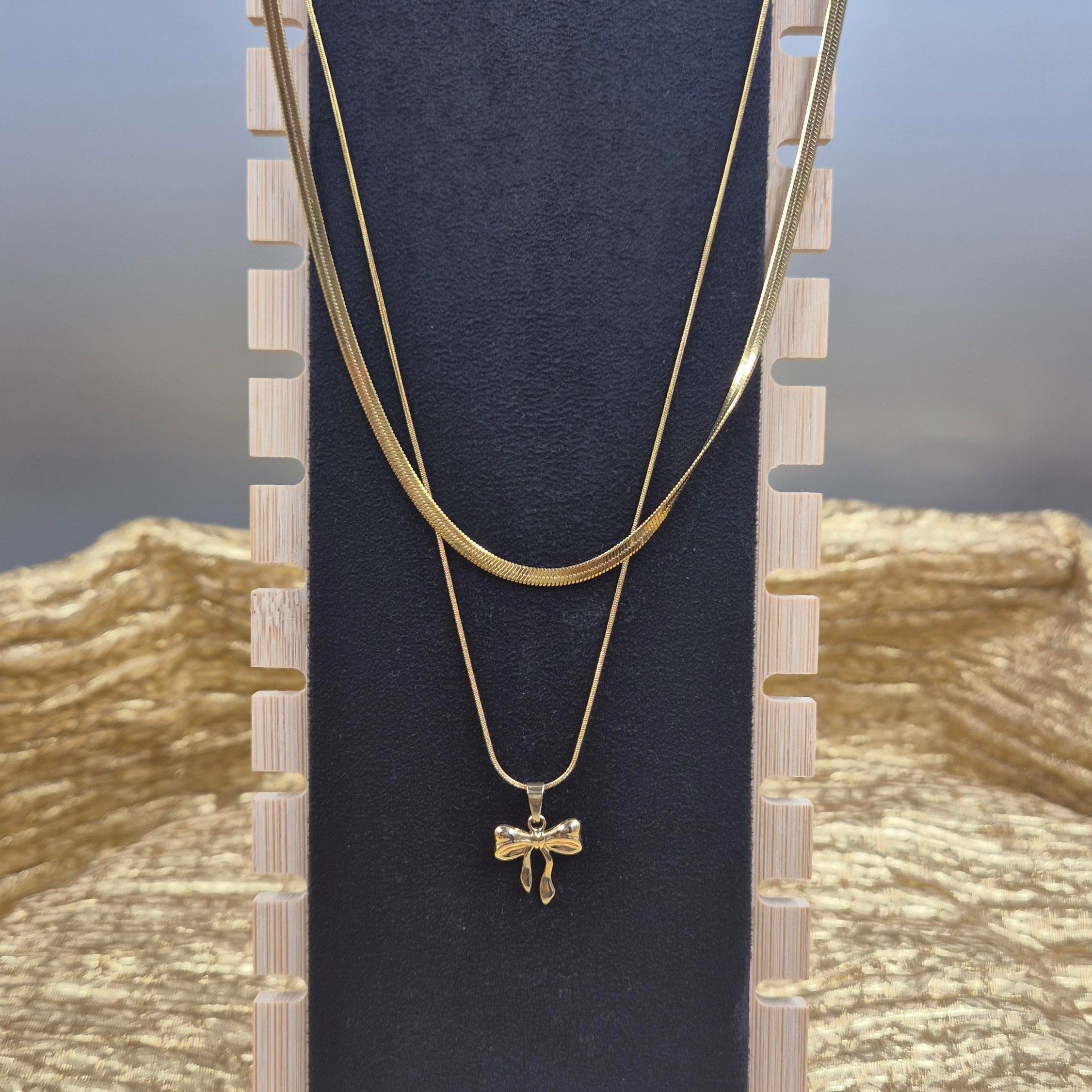 Layered Gold Bow Pendant chain for Women | Trendy Double Layer Snake Chain
