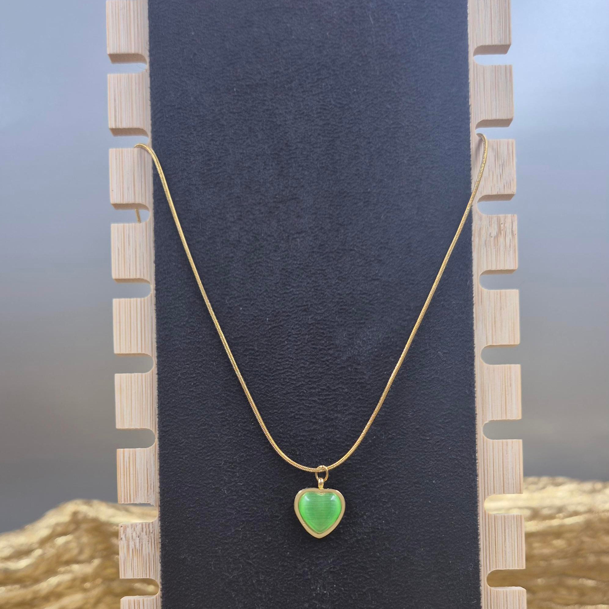 Green Heart Pendant  chain for Women | Elegant Gold-Tone Heart Charm Necklace