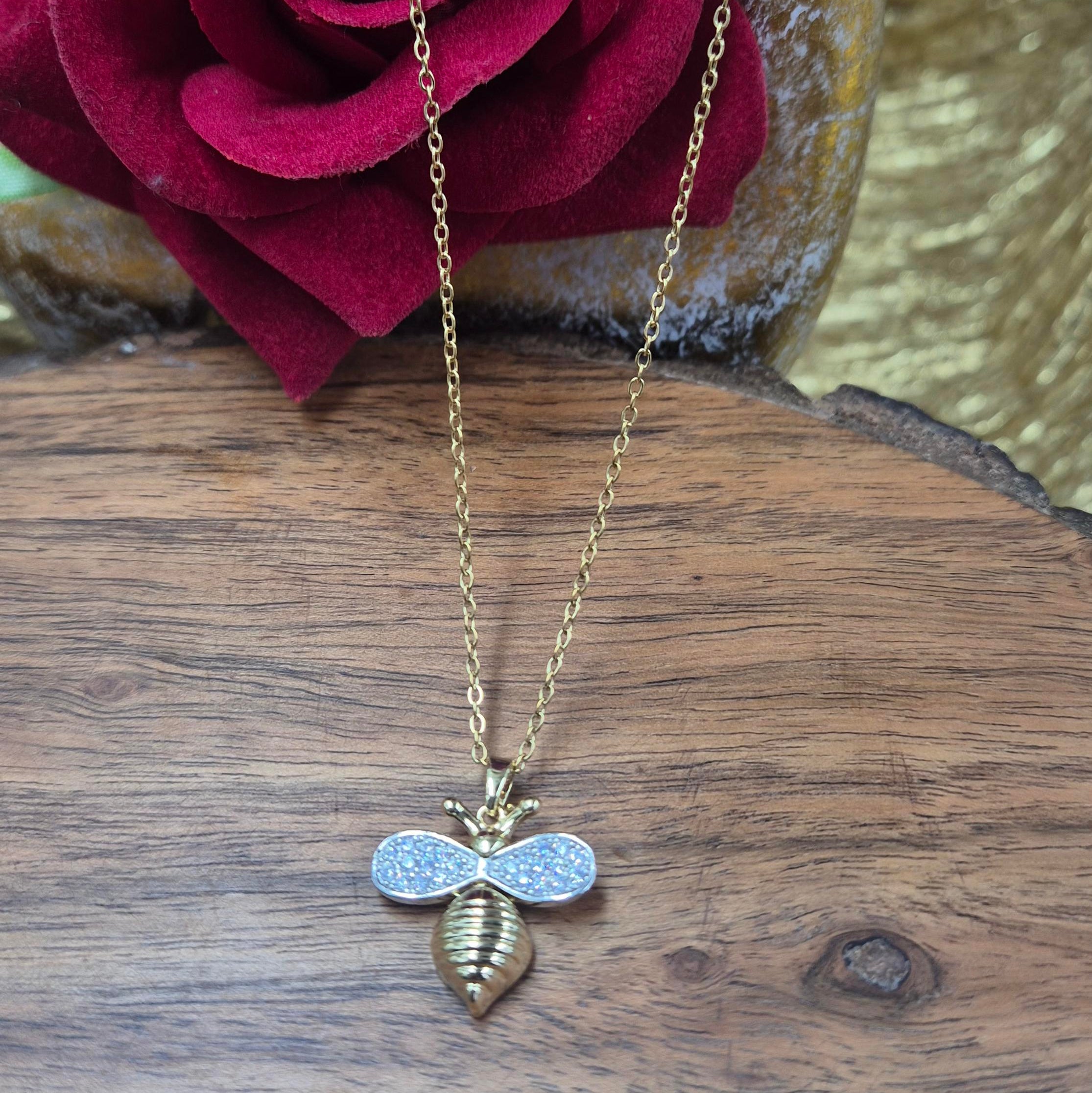 Cute Bee Pendant Necklace for Women | Gold-Tone Crystal Insect Charm Necklace