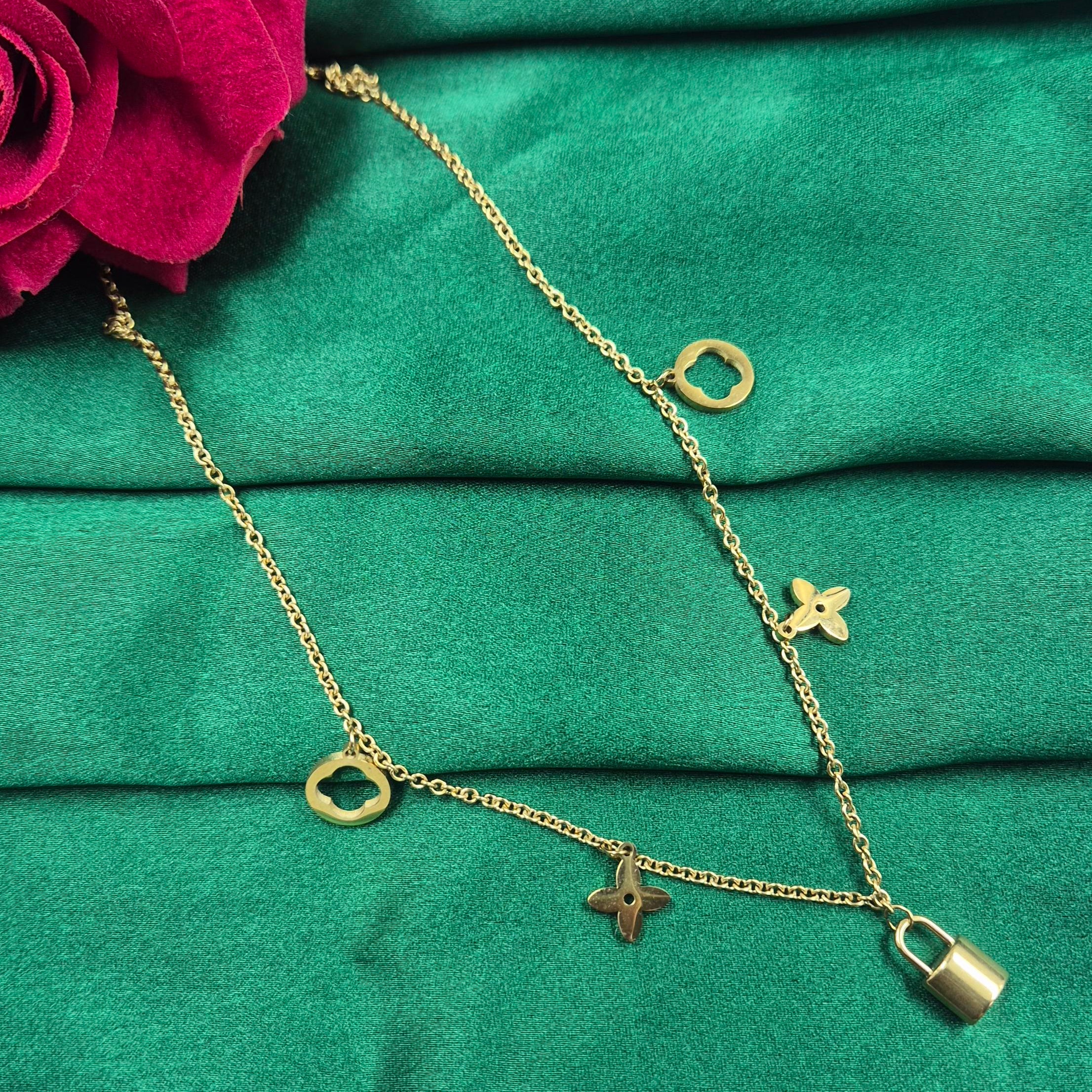 Minimal Lock Charm chain for Women | Gold-Tone Layered Floral Chain