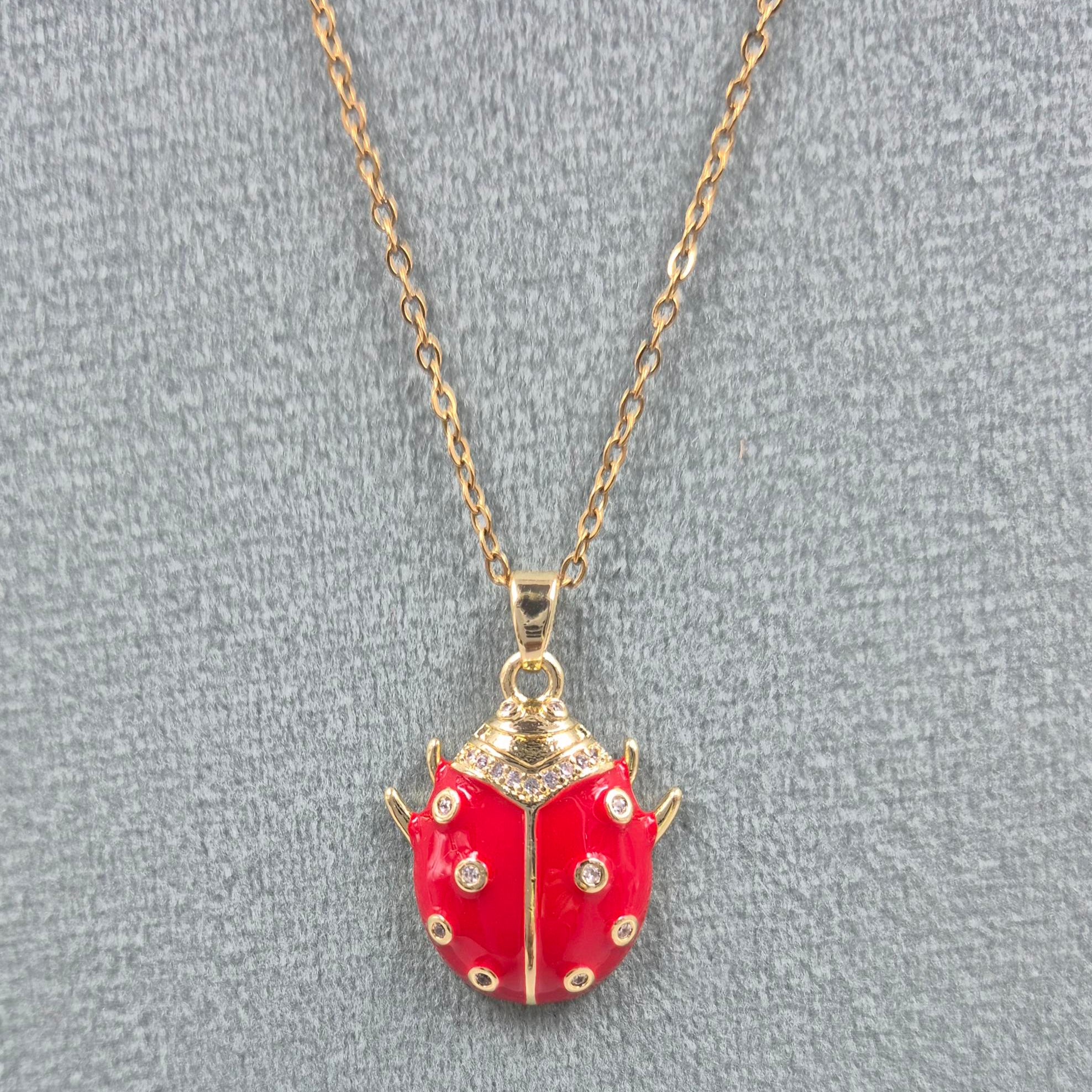 Cute Ladybug Pendant chain for Women & Girls | Red Enamel Gold-Tone Charm Chain