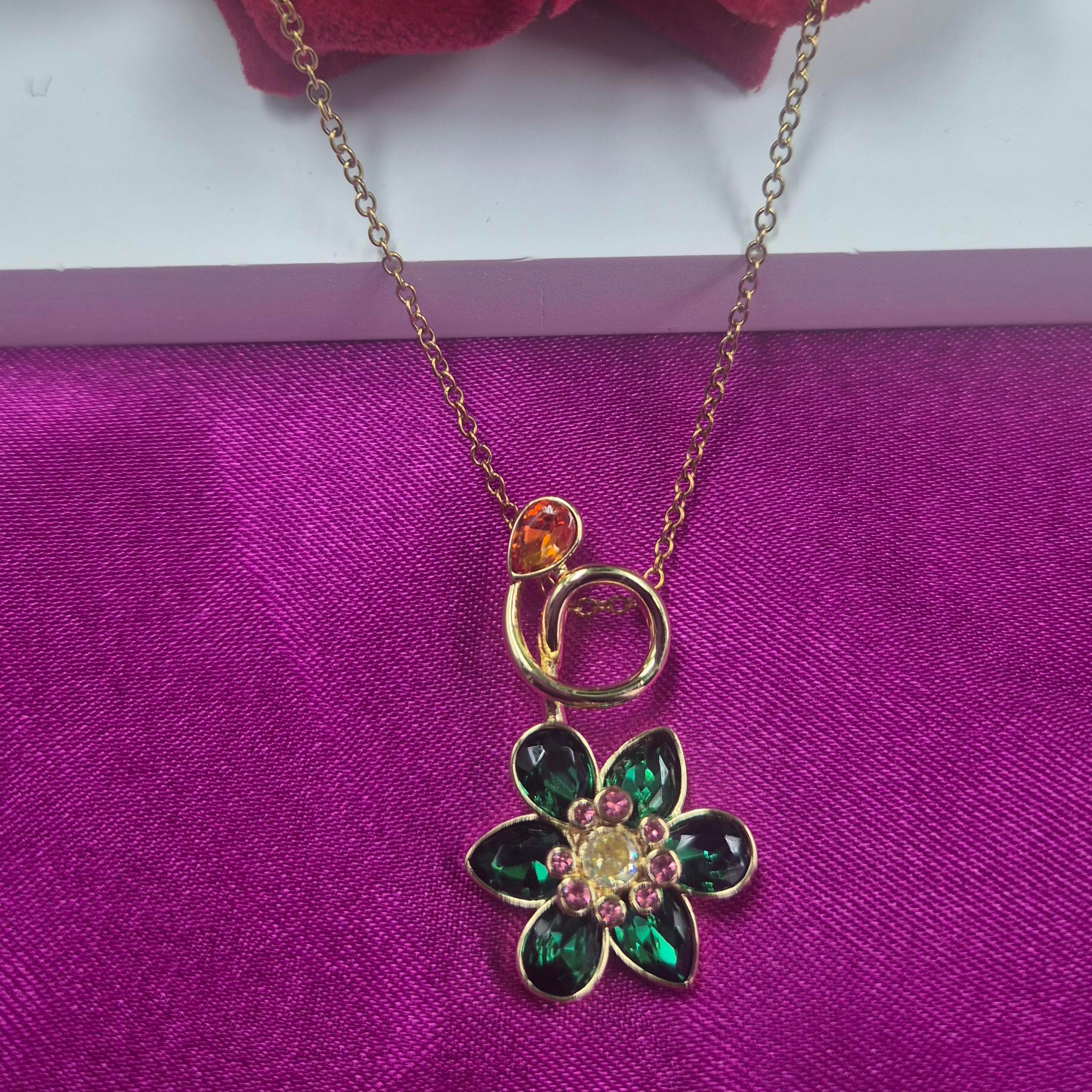 Elegant Green Floral Pendant chain for Women | Crystal Flower Gold-Tone Chain