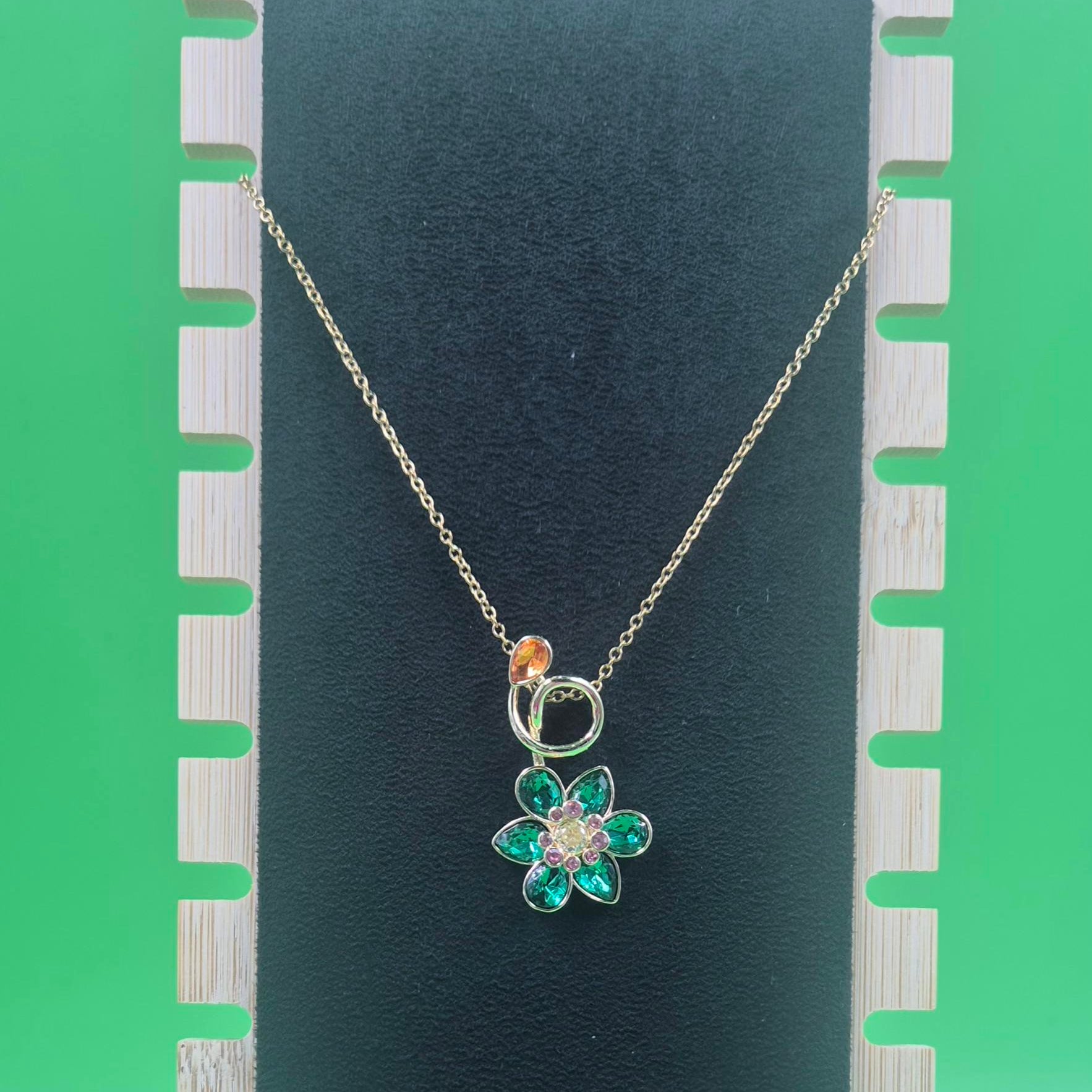 Elegant Green Floral Pendant chain for Women | Crystal Flower Gold-Tone Chain