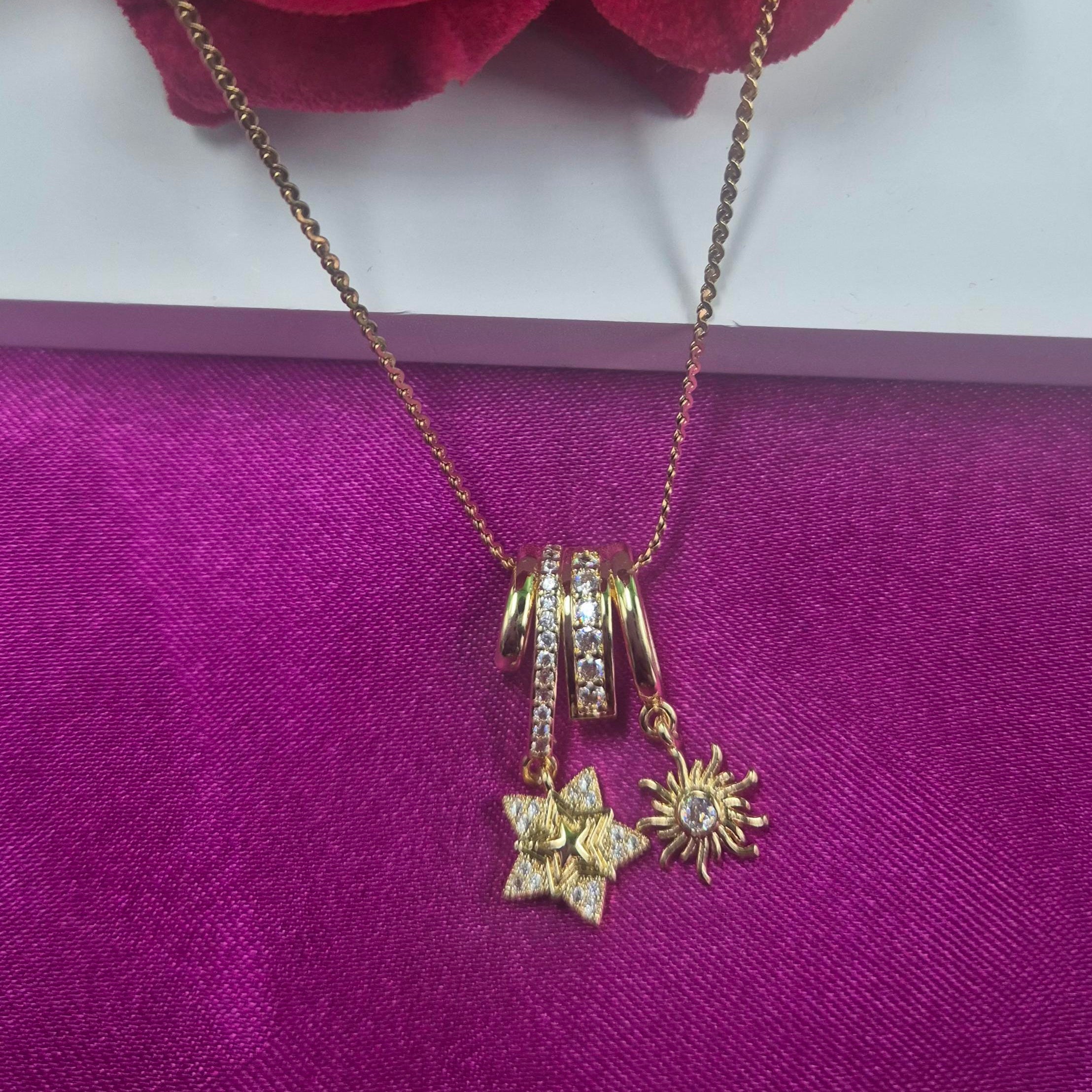 Celestial Star & Sun Charm pendant chain for Women | Elegant Gold-Tone Pendant Chain