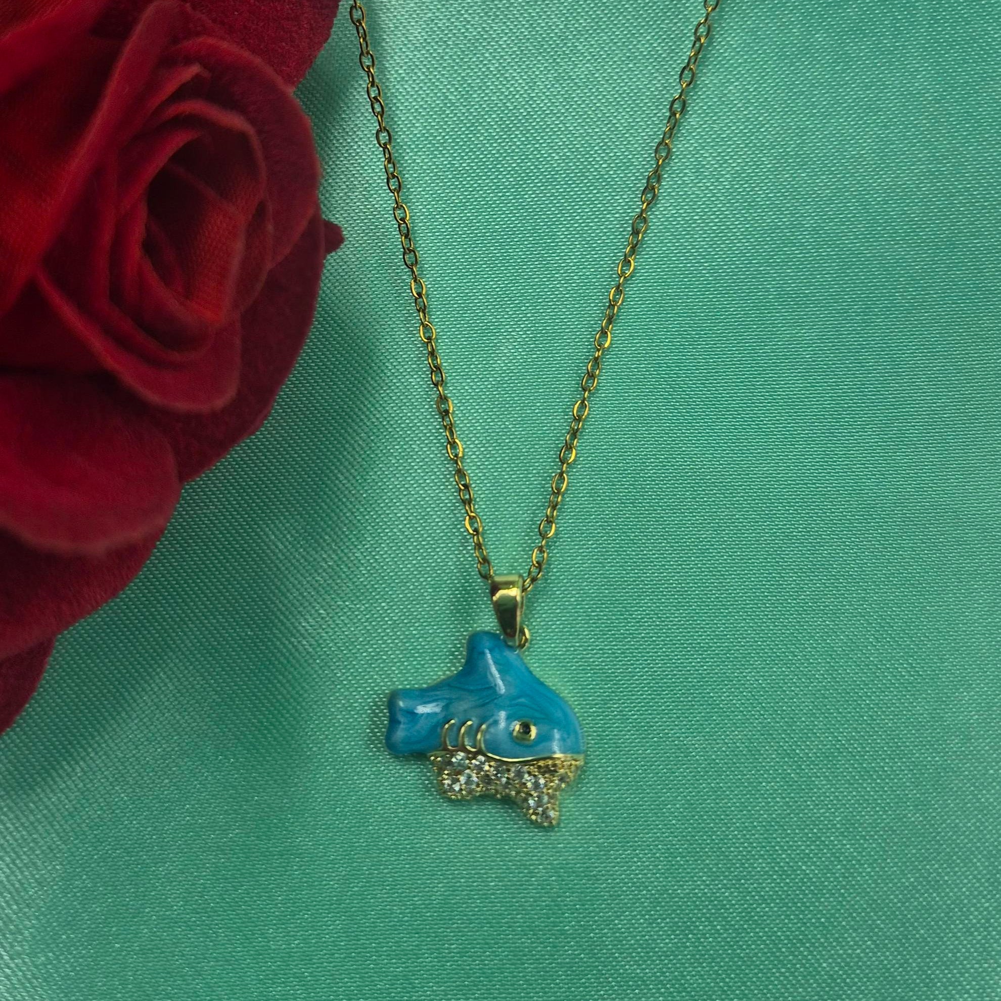 Cute Blue Fish Pendant chain for Women | Gold-Tone Chain with Crystal Detail