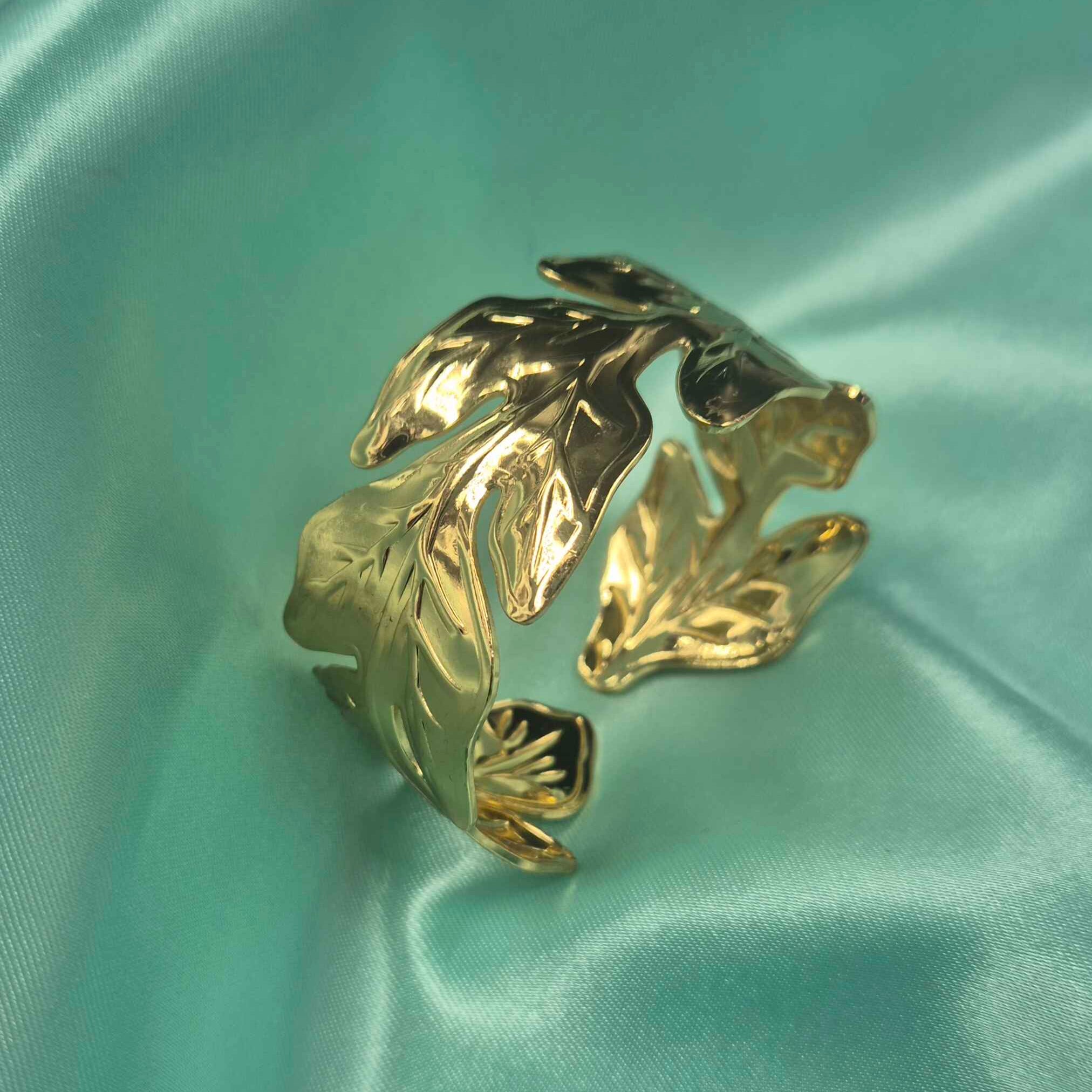 Elegant Gold Leaf Adjustable broad bracelet for Women | Nature Inspired Statement Jewellery