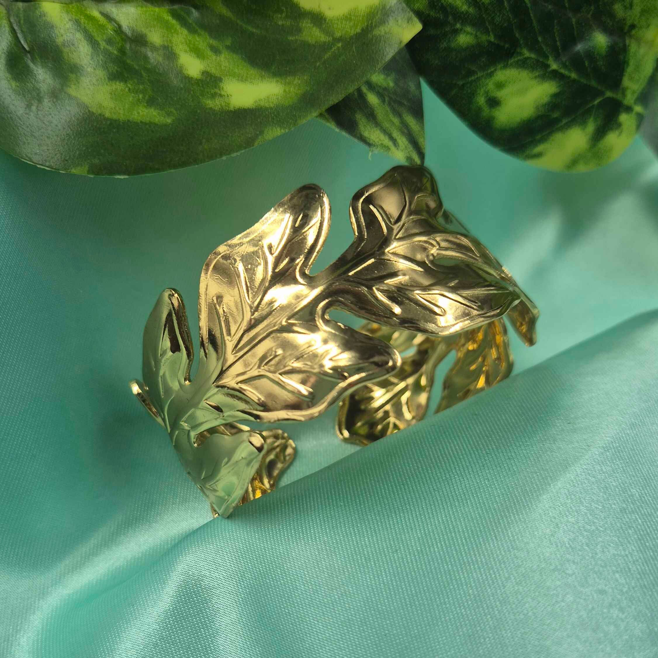 Elegant Gold Leaf Adjustable broad bracelet for Women | Nature Inspired Statement Jewellery