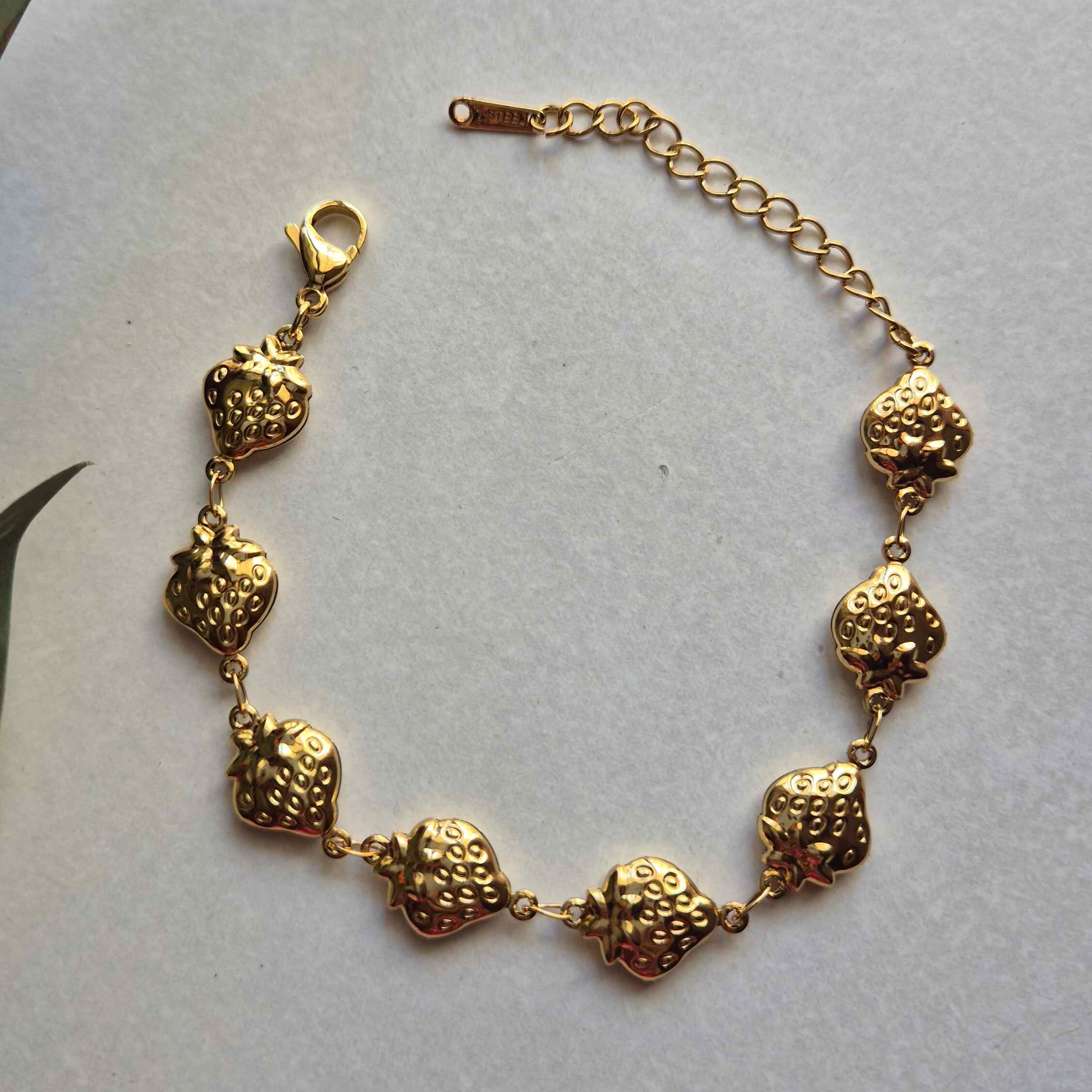Gold-Tone Strawberry Charm Bracelet for Women | Cute Fruit-Inspired Fashion Bracelet