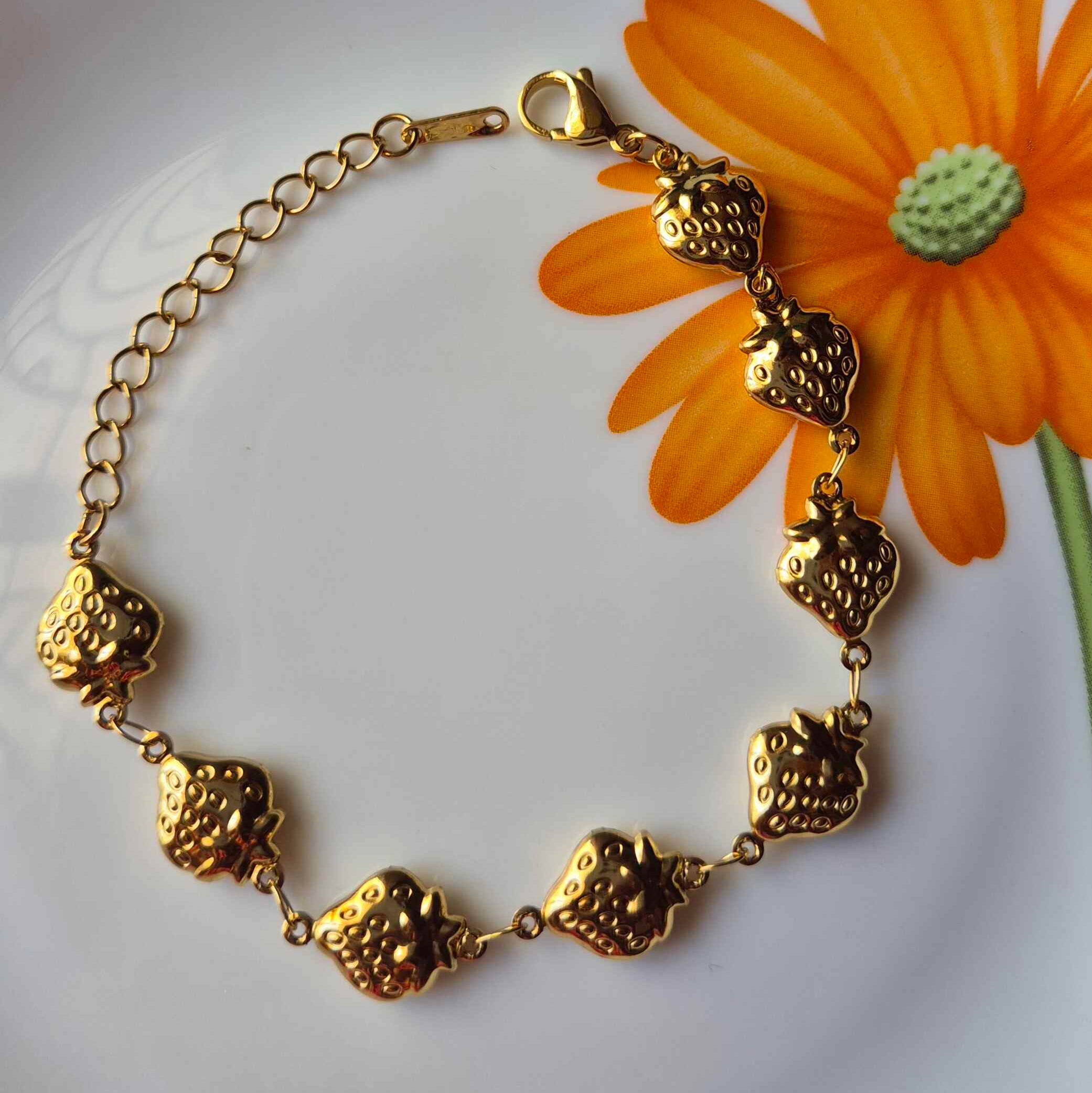 Gold-Tone Strawberry Charm Bracelet for Women | Cute Fruit-Inspired Fashion Bracelet