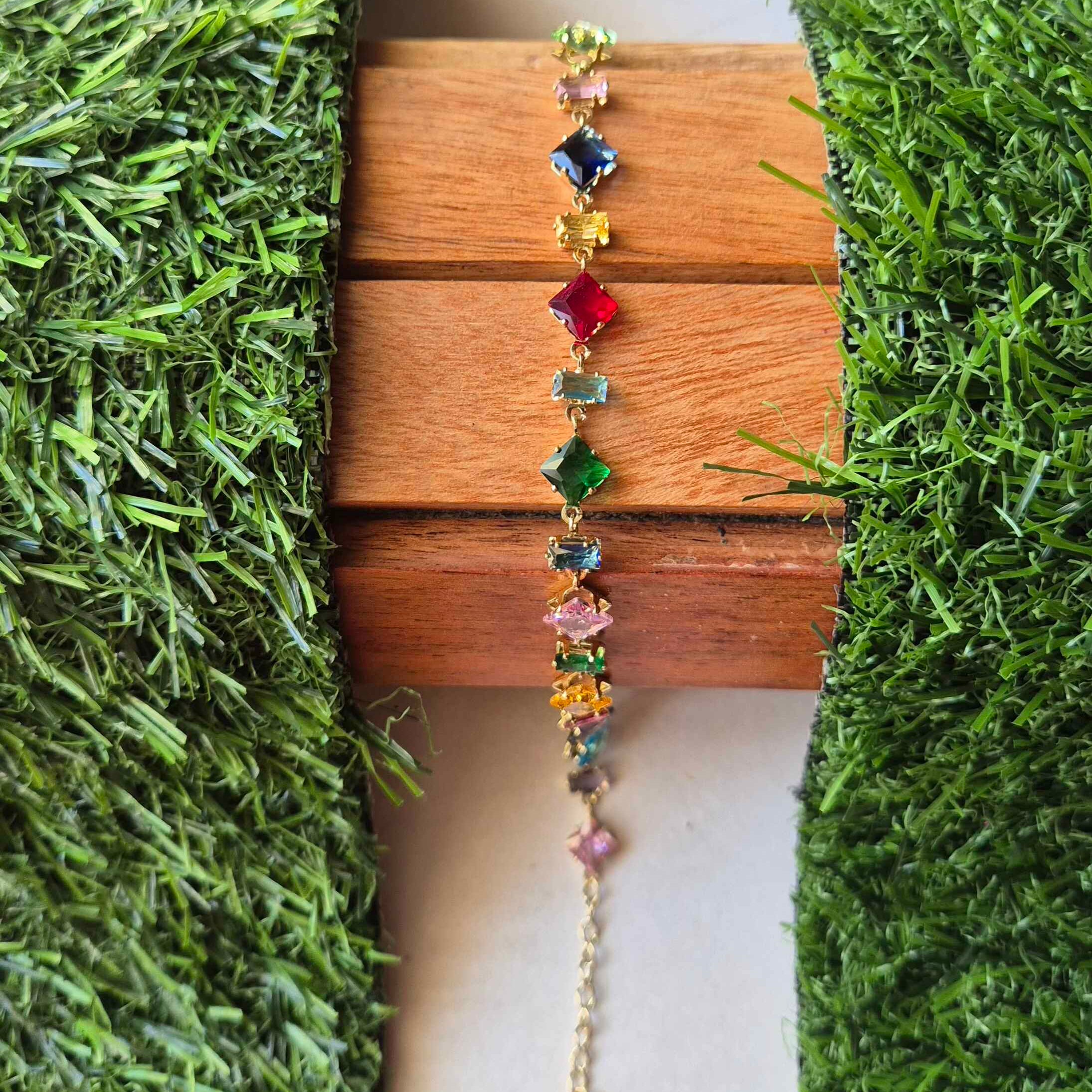 Multicolor Crystal Statement Bracelet with Gold-Tone Chain