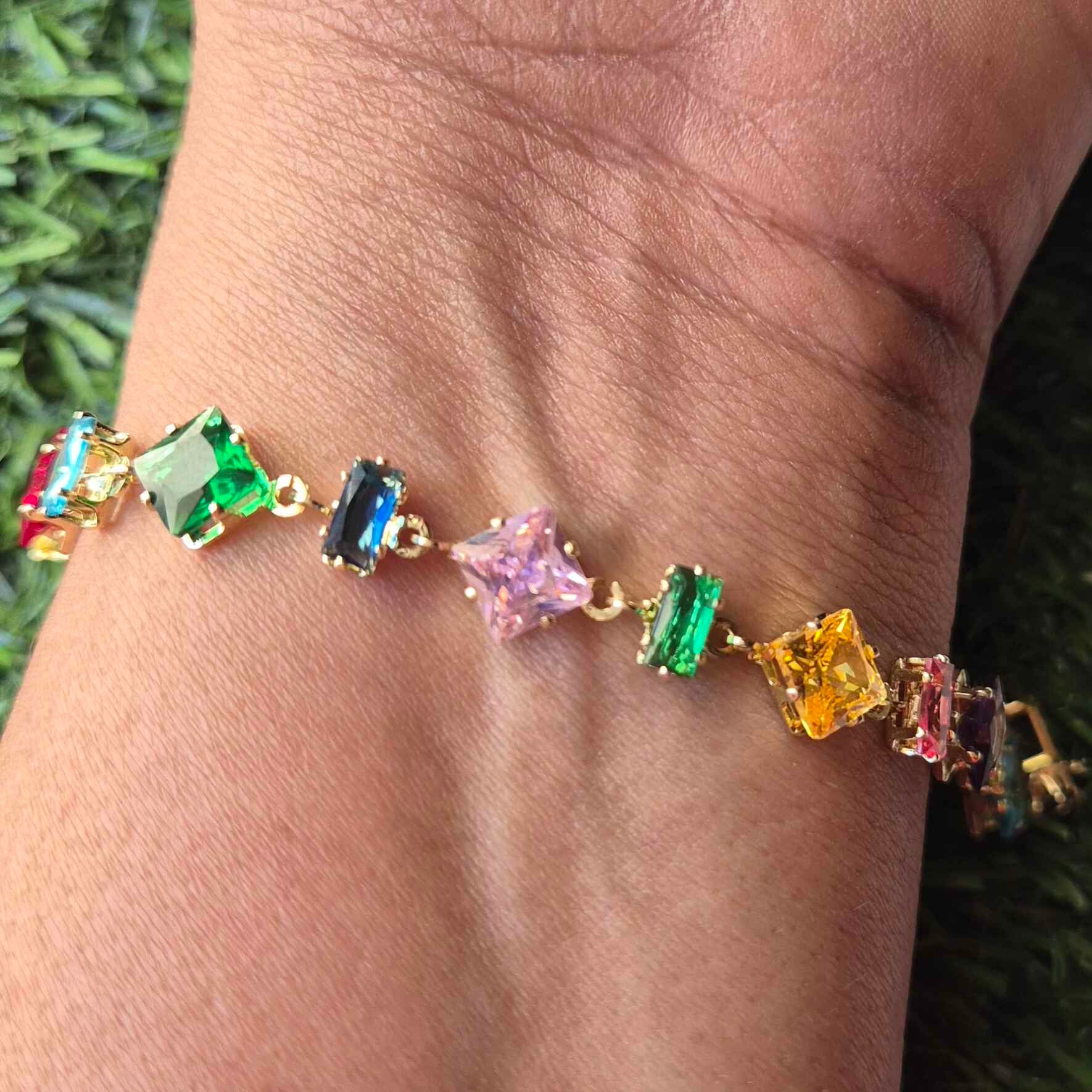 Multicolor Crystal Statement Bracelet with Gold-Tone Chain