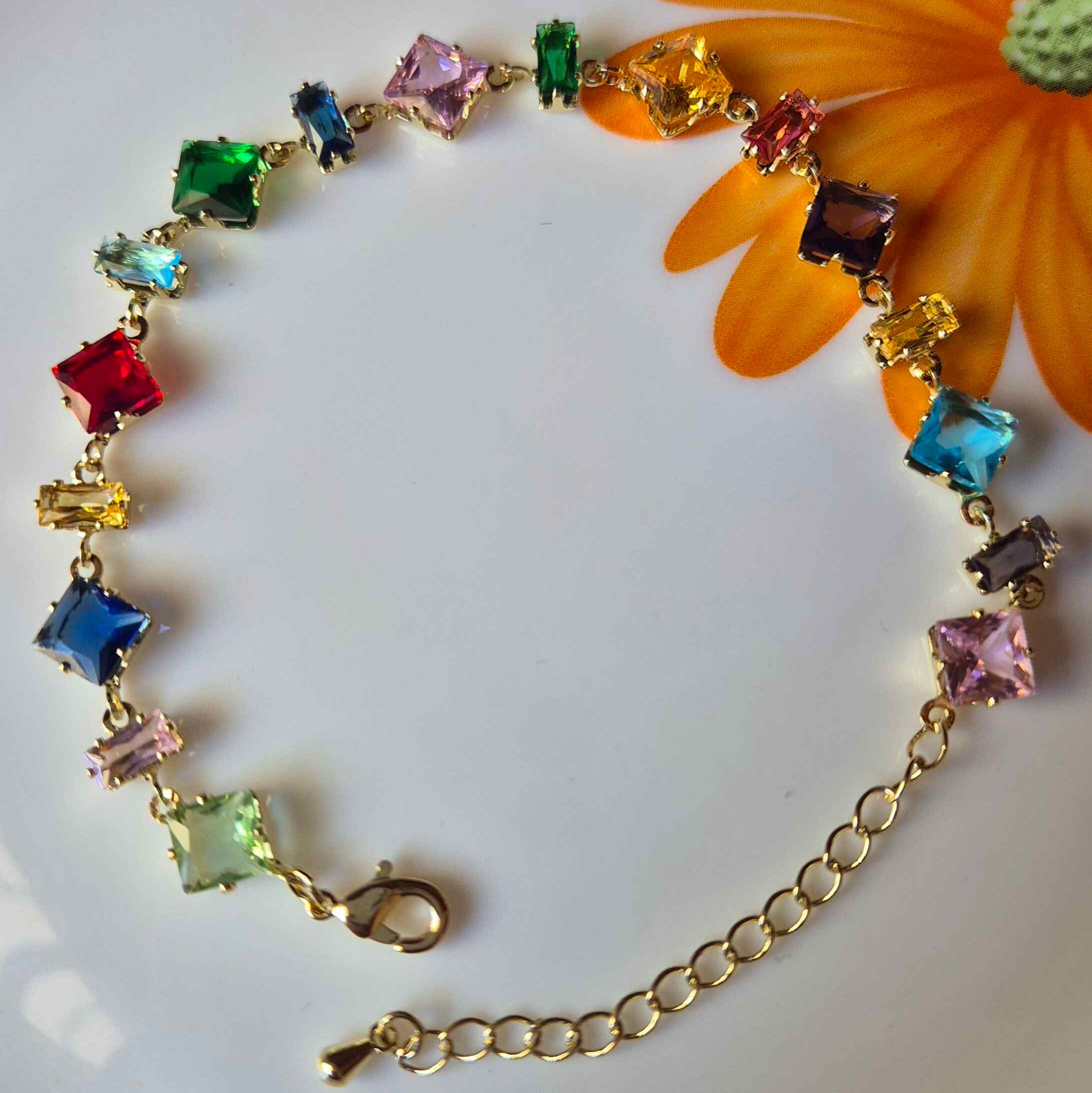 Multicolor Crystal Tennis Bracelet for Women | Rainbow Gemstone-Inspired Gold-Tone Bracelet