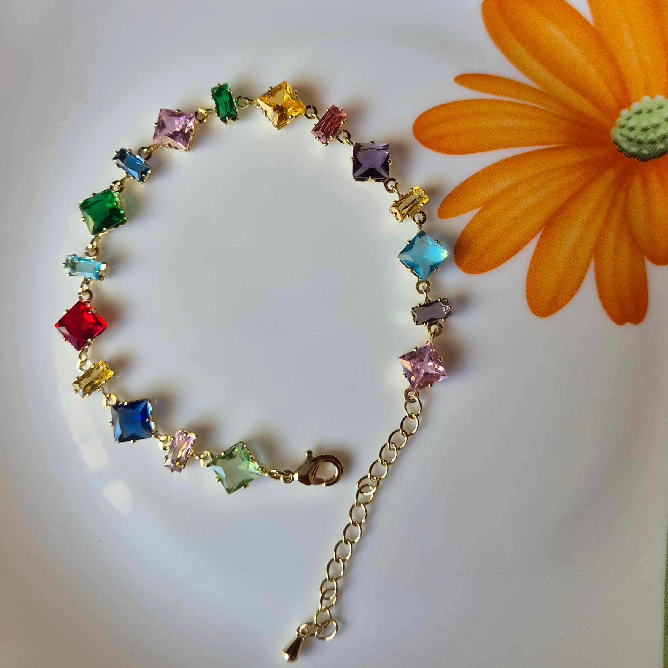 Multicolor Crystal Statement Bracelet with Gold-Tone Chain