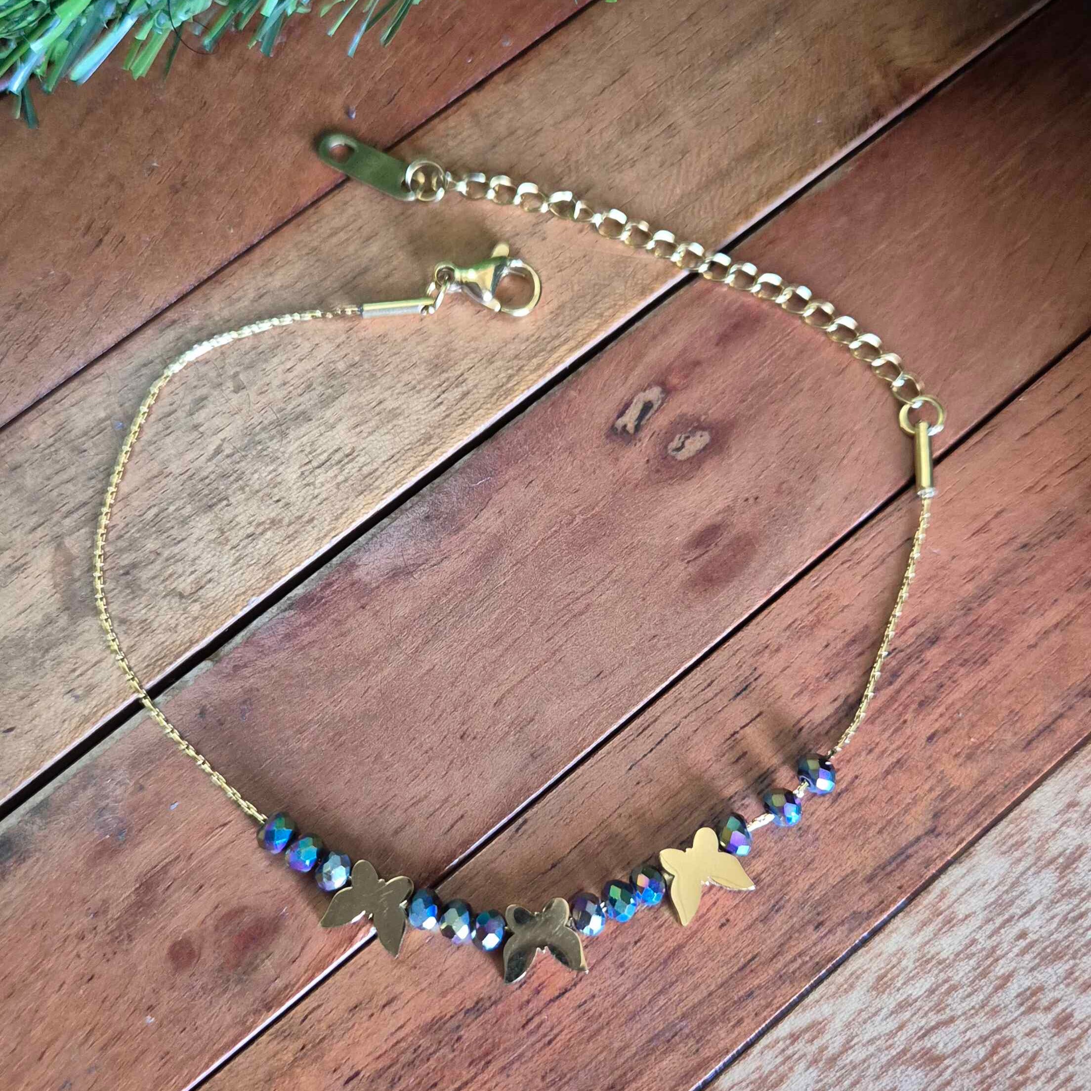 Gold-Tone Butterfly Charm Bracelet with Iridescent Crystal Beads